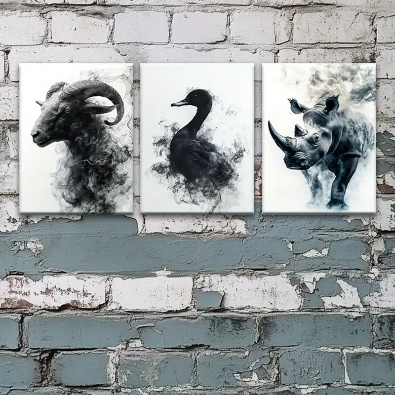 3-Piece Abstract Black & White Animal Art Prints - Sheep, Duck & Rhino Metal Wall Decor - Ready to Hang Modern Home & Office Decor for Living Room, Bedroom or Gallery Display