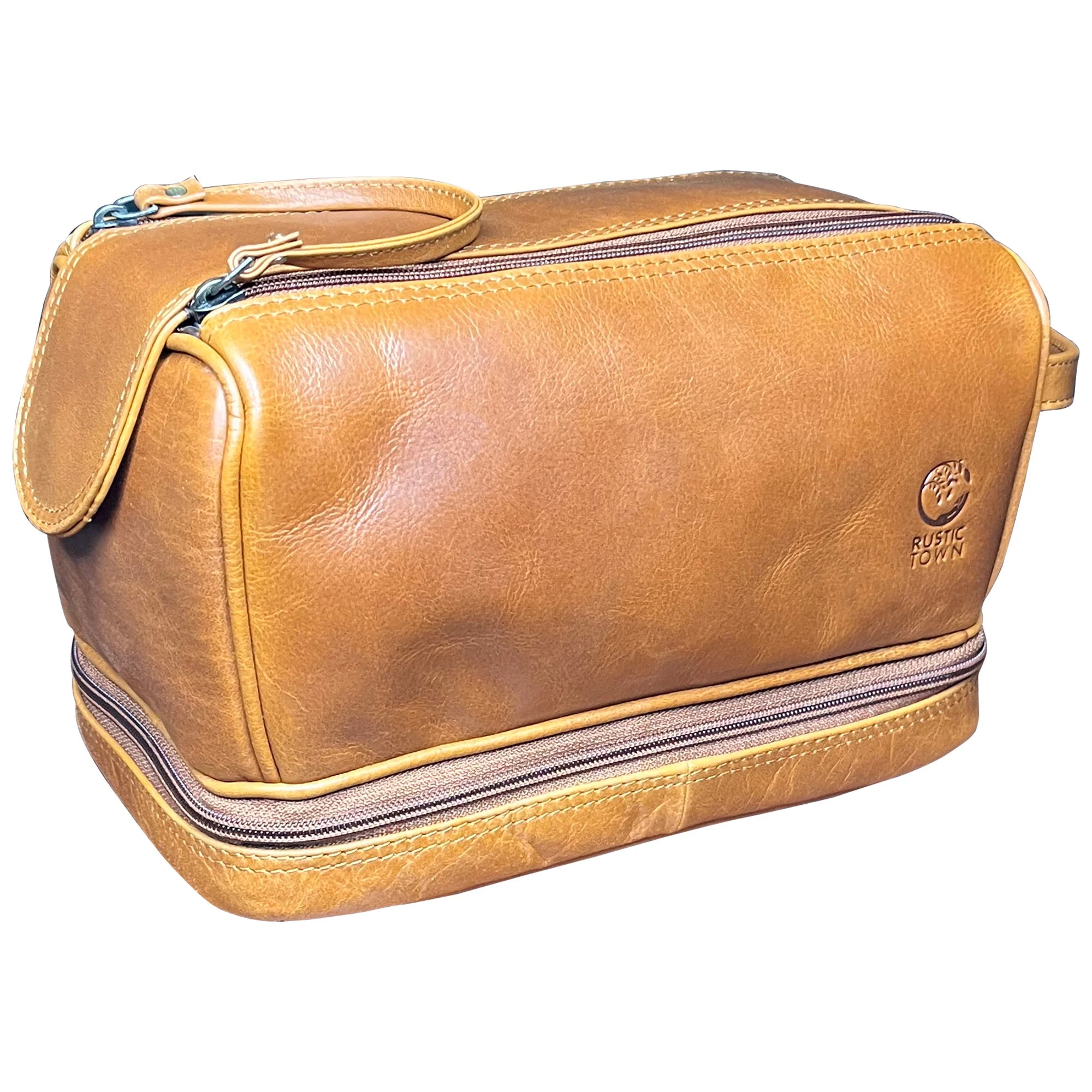 Premium Leather Toiletry Bag for Men & Women - Sam's Stylish Travel Dopp Kit in Cognac Brown - Perfect for Business Trips, Gym, Camping & Vacation Essentials