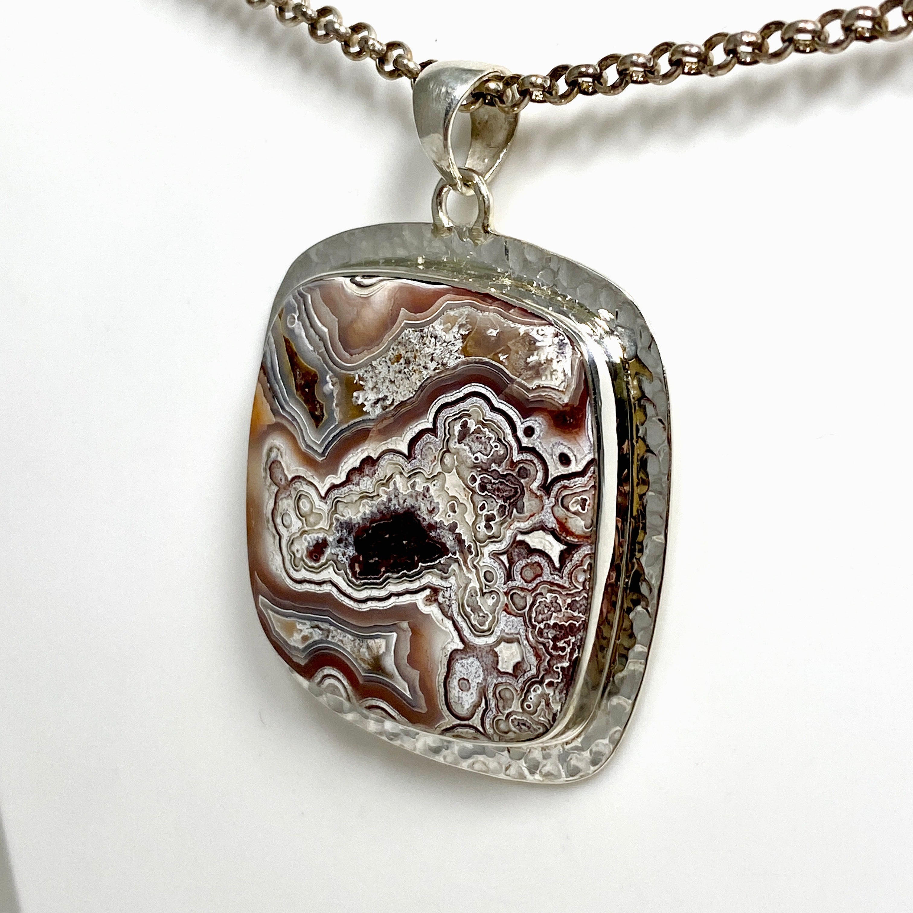 Mexican Crazy Lace Agate Square Pendant - Handcrafted Hammered Silver Jewelry KPGJ4575 | Perfect for Boho Chic Outfits & Spiritual Healing