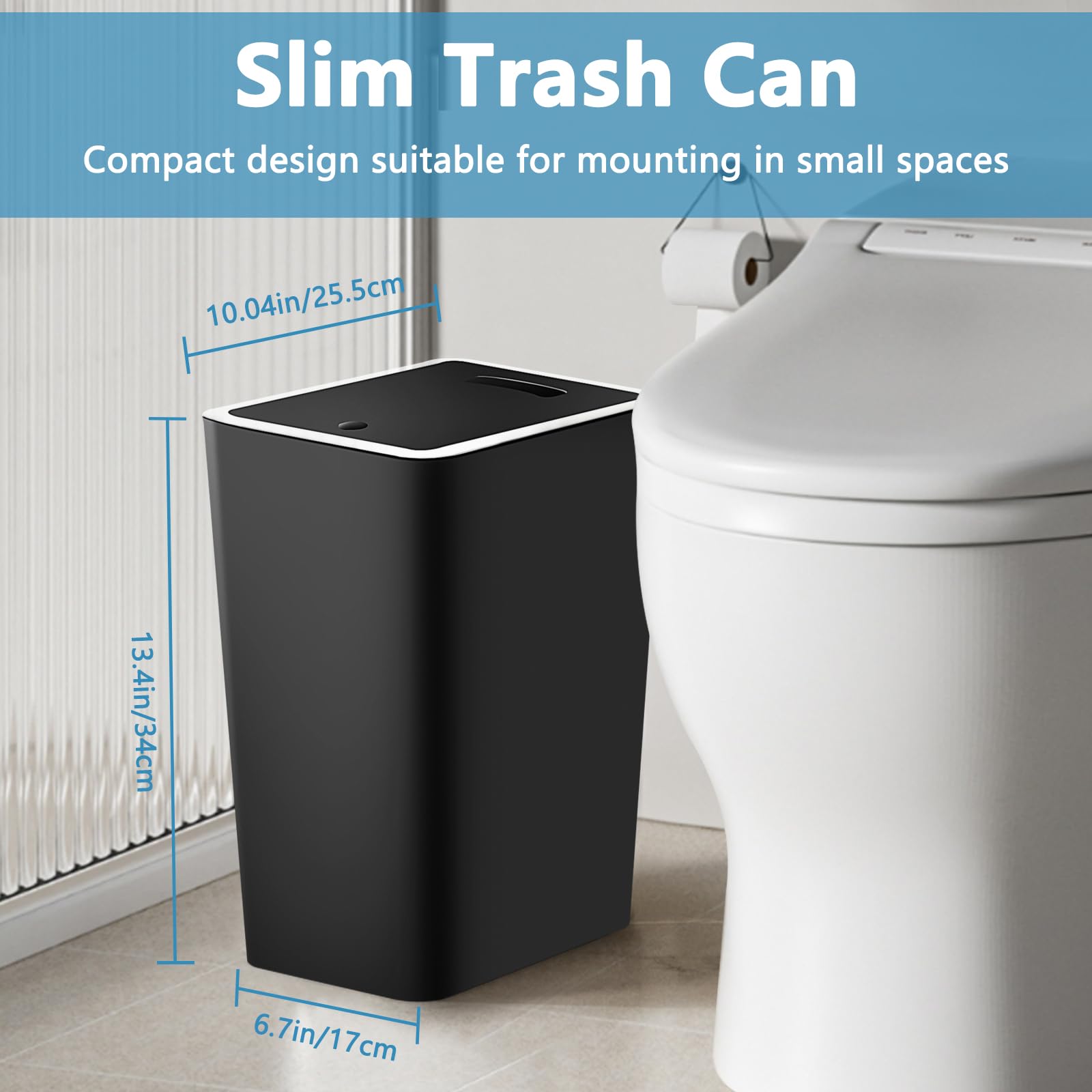 3-Pack 4-Gallon Small Trash Can with Lid - Press-Top Bathroom Waste Basket Includes Trash Bags, Compact Garbage Bin for Dorm, Office, Kitchen, Bedroom & Living Room (Black, White, Grey) - Perfect for Home, Office & Small Spaces