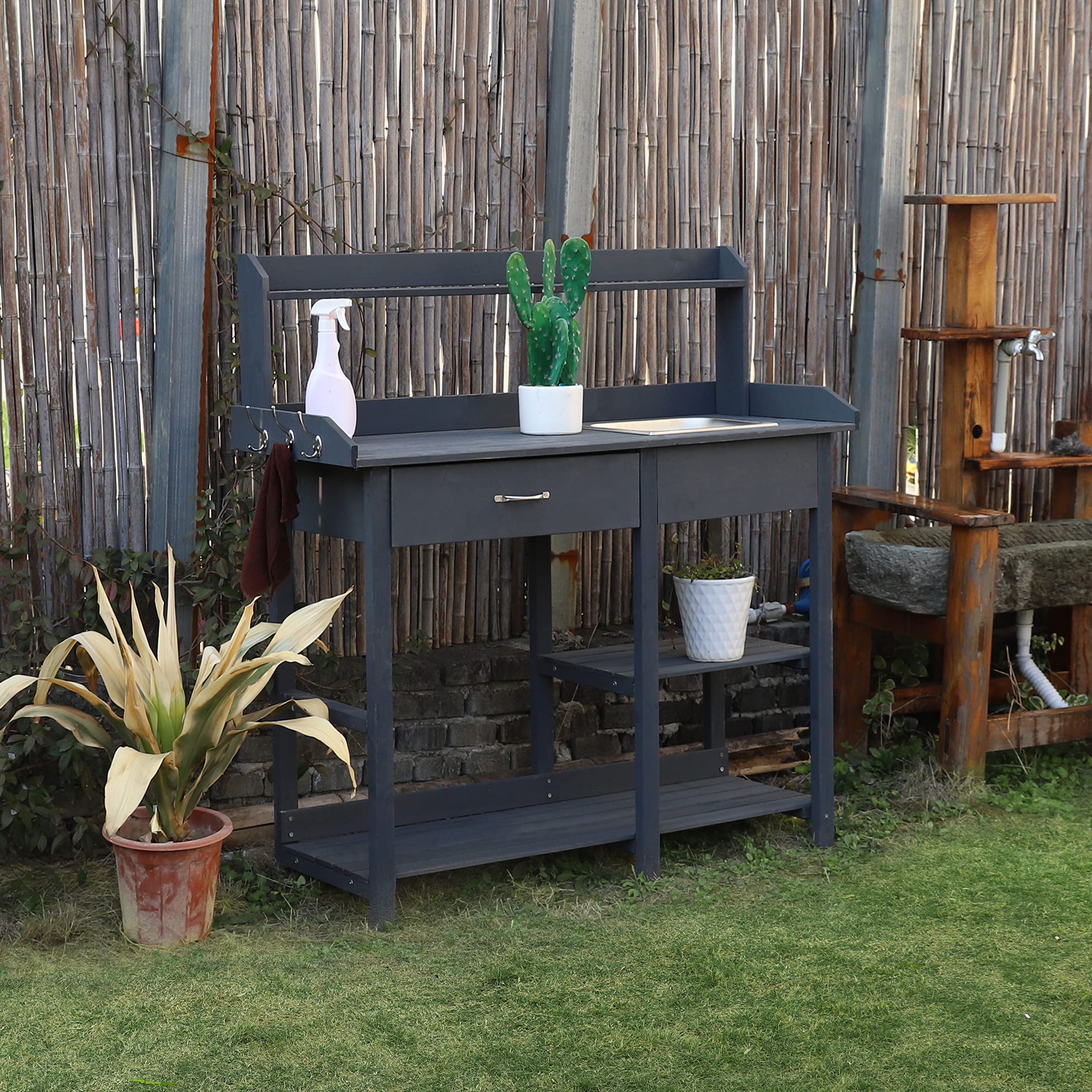 MUPATER Outdoor Potting Bench with Removable Stainless Steel Sink - Heavy Duty Garden Work Table with Storage Shelves & Drawer - Perfect for Planting, Gardening, and DIY Projects - Grey
