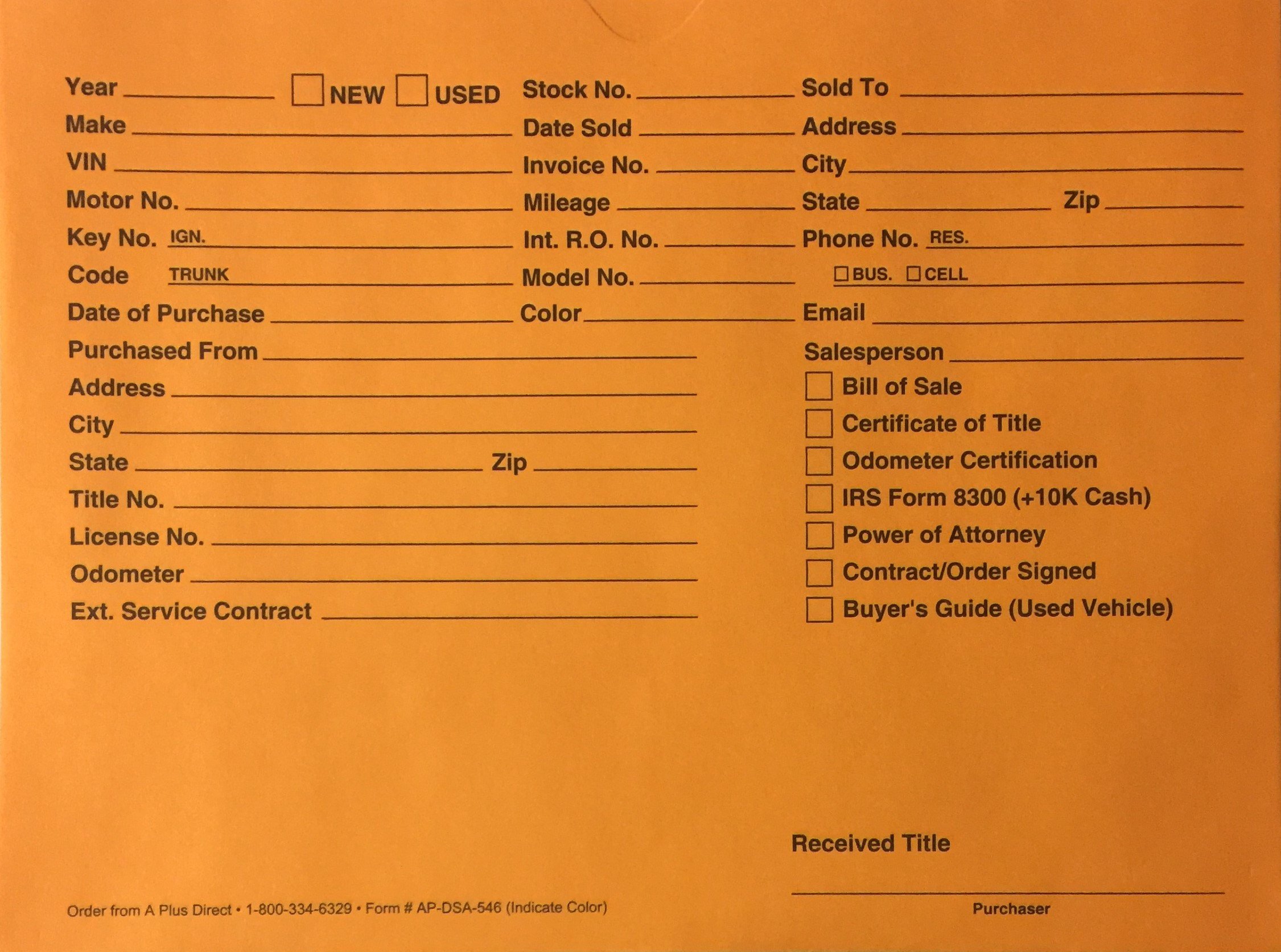 A Plus Auto Dealer Vehicle Paper File Jackets Orange DSA-546 - Pack of 1000 (U6) - Perfect for Car Dealerships, Auto Repair Shops & Vehicle Documentation Organization
