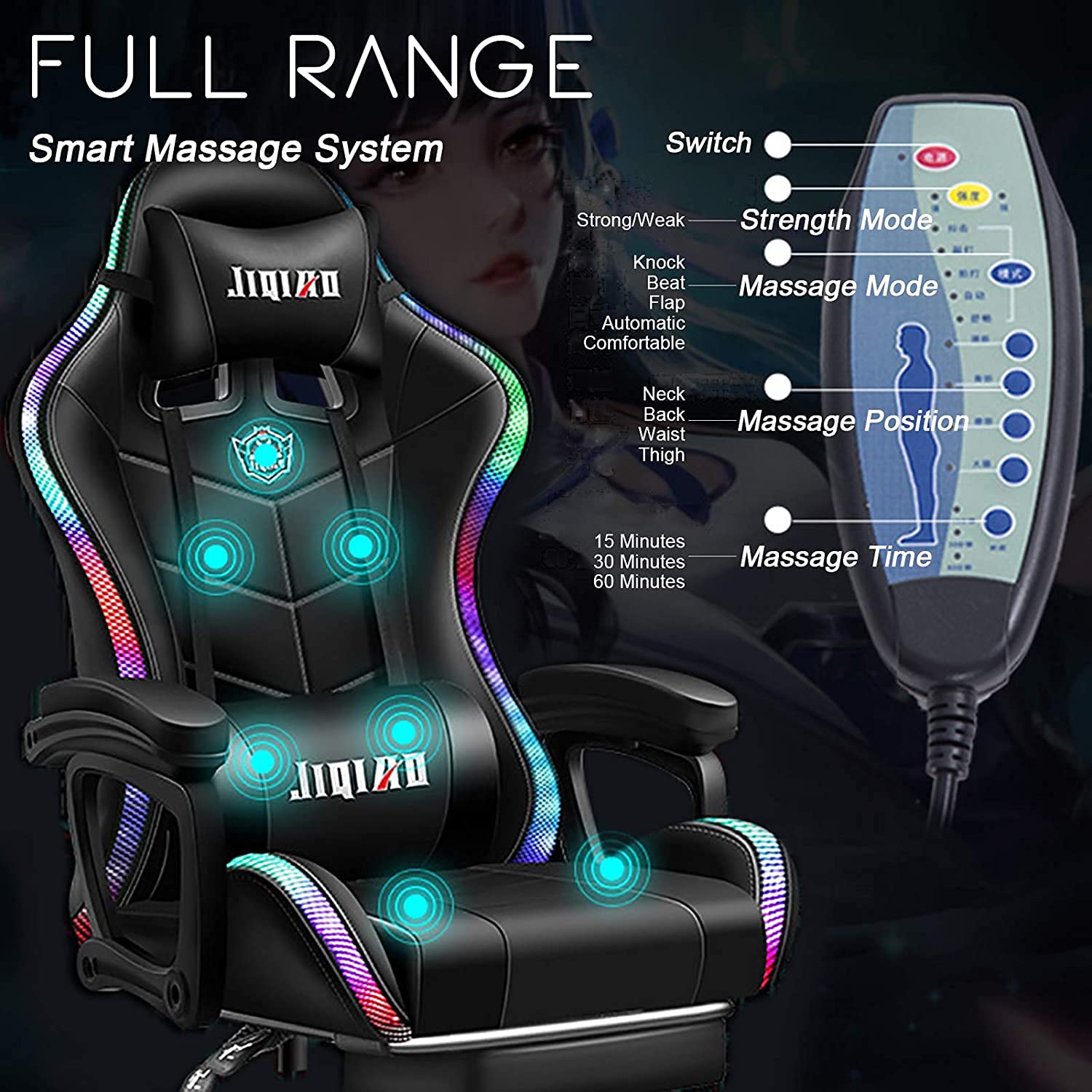 Ergonomic Gaming Chair with Bluetooth Speakers & RGB Lights - Adjustable Lumbar Support & Massage Function for PC/Console Gamers - Perfect for Esports, Streaming & Home Office Setup