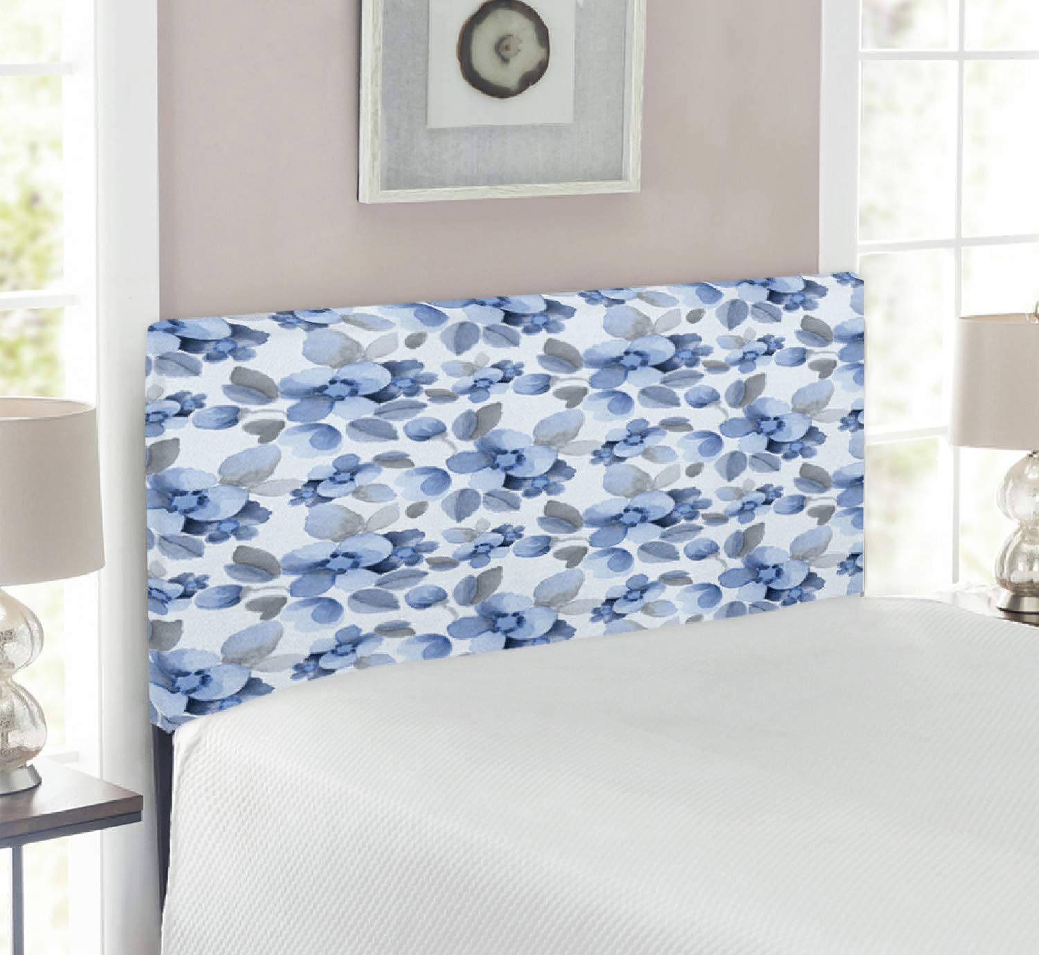 Ambesonne Shabby Floral Headboard - Watercolor Camellia Petals Print, Upholstered Metal Bed Frame with Memory Foam, Twin Size, Blue - Perfect for Boho Bedroom Decor & Romantic Home Styling