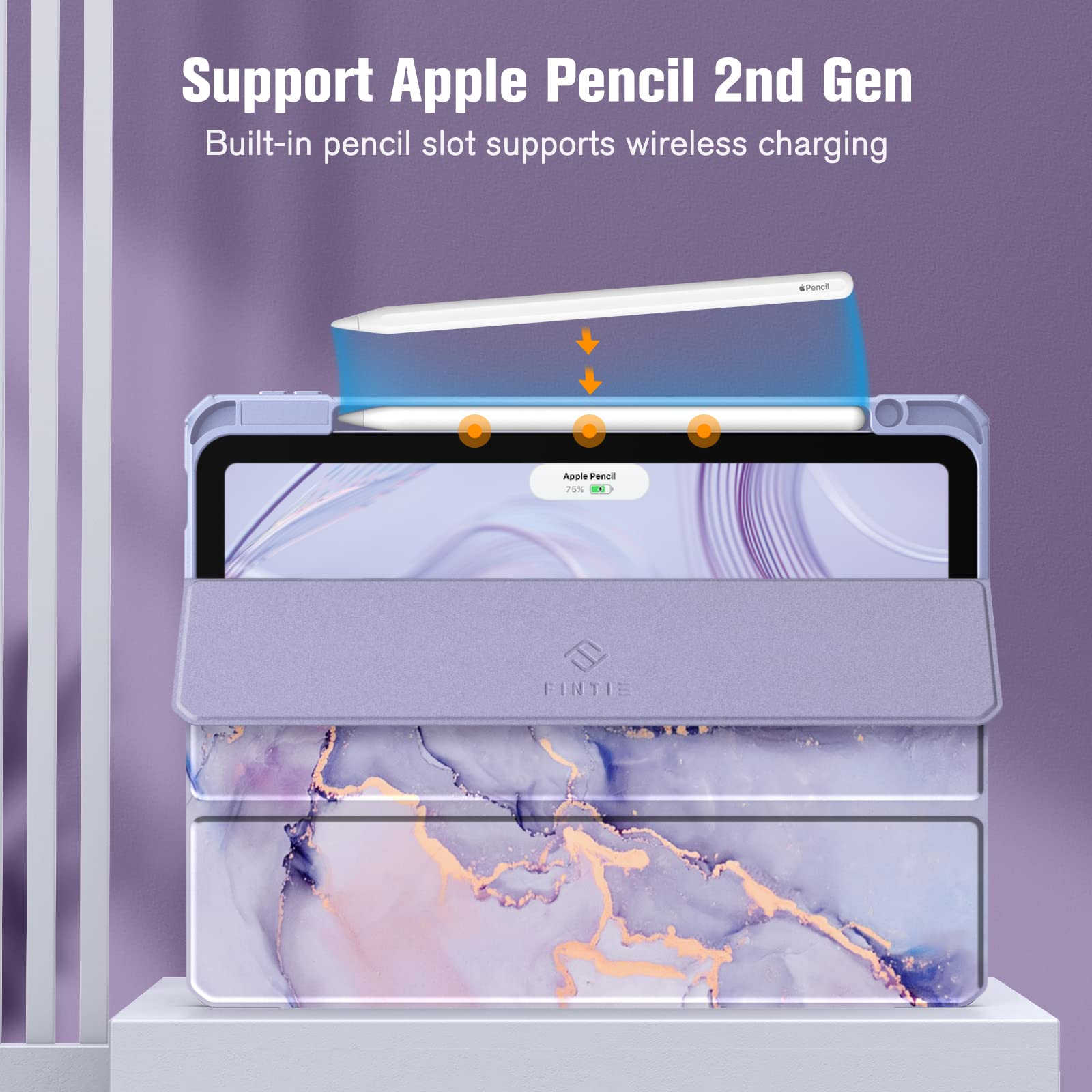 Fintie Hybrid Slim Shockproof Case for iPad Air 11-inch (M3/M2) & 10.9-inch (5th/4th Gen) - Clear Back Shell with Pencil Holder, Lilac Marble Design - Perfect for Work, School & Travel Protection