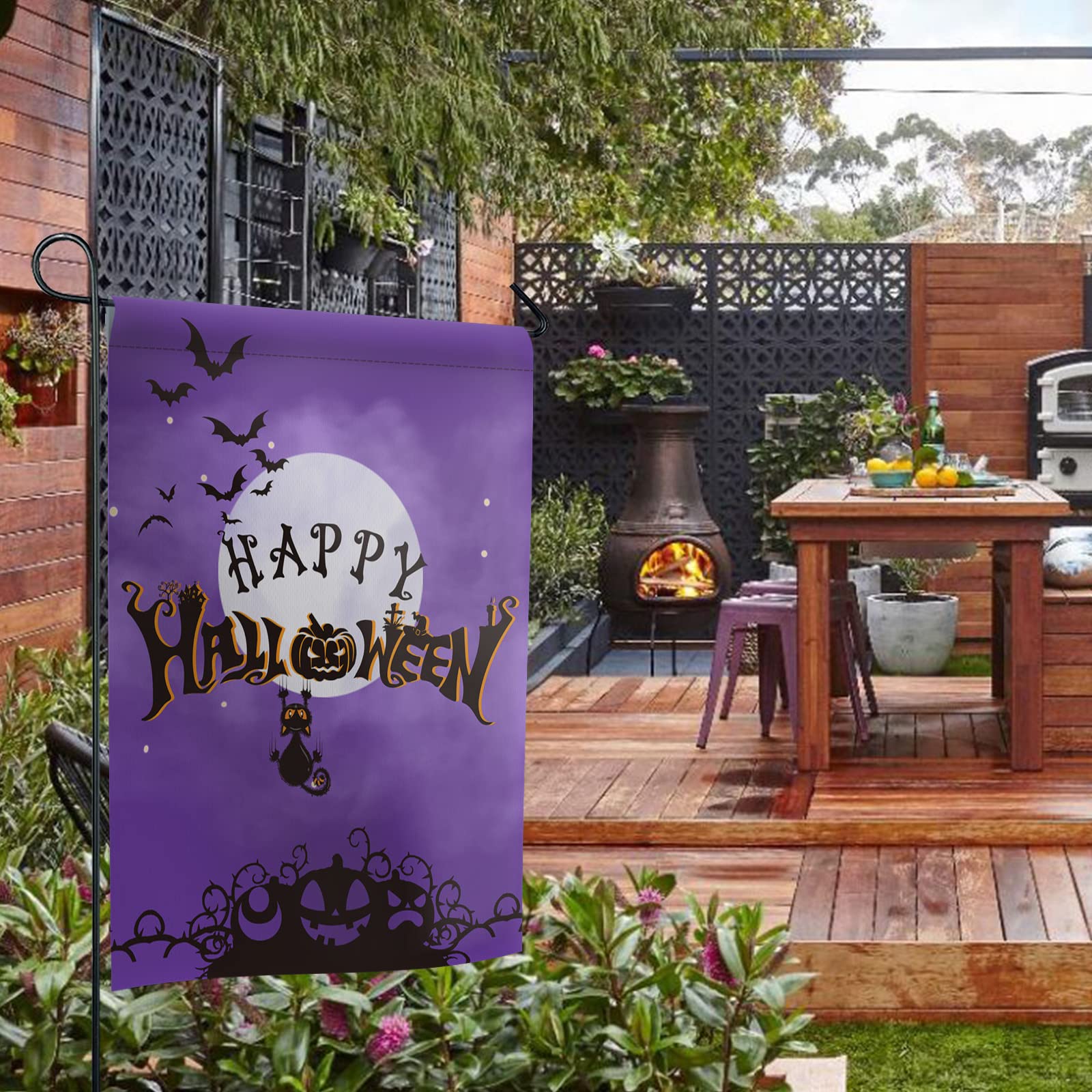 Double Sided Halloween Garden Flag - Spooky Ghosts, Pumpkins, Black Cats & Bats Design - Outdoor Yard Decoration for Fall, Front Porch, House Welcome Banner - Perfect for Halloween Party Decor & Seasonal Home Decorating