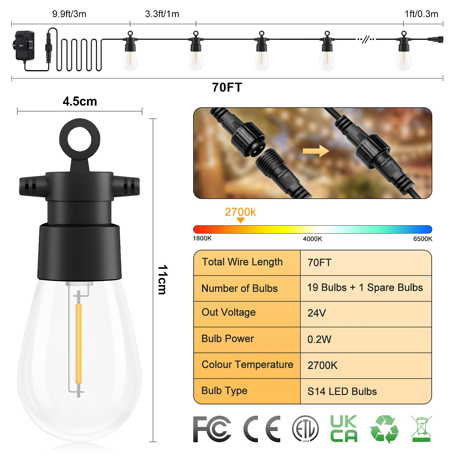 70FT Outdoor String Lights with Remote - Dimmable LED Edison Bulbs, IP65 Waterproof & Shatterproof, 3 Lighting Modes & 2 Timers for Patio, Garden, Porch, Yard, Gazebo, Balcony | Perfect for Backyard Parties, Wedding Decor & Outdoor Dining