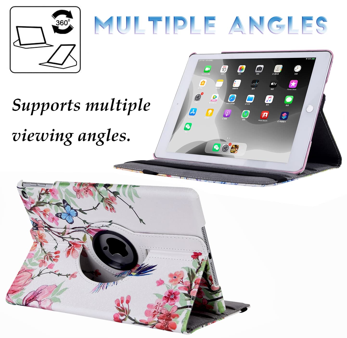 360° Rotating Protective Case for iPad 9.7 Inch (6th/5th Gen) & iPad Air 2 - Auto Sleep/Wake Cover with Stand | Flower Hummingbird Design | Perfect for Work, Study & Travel