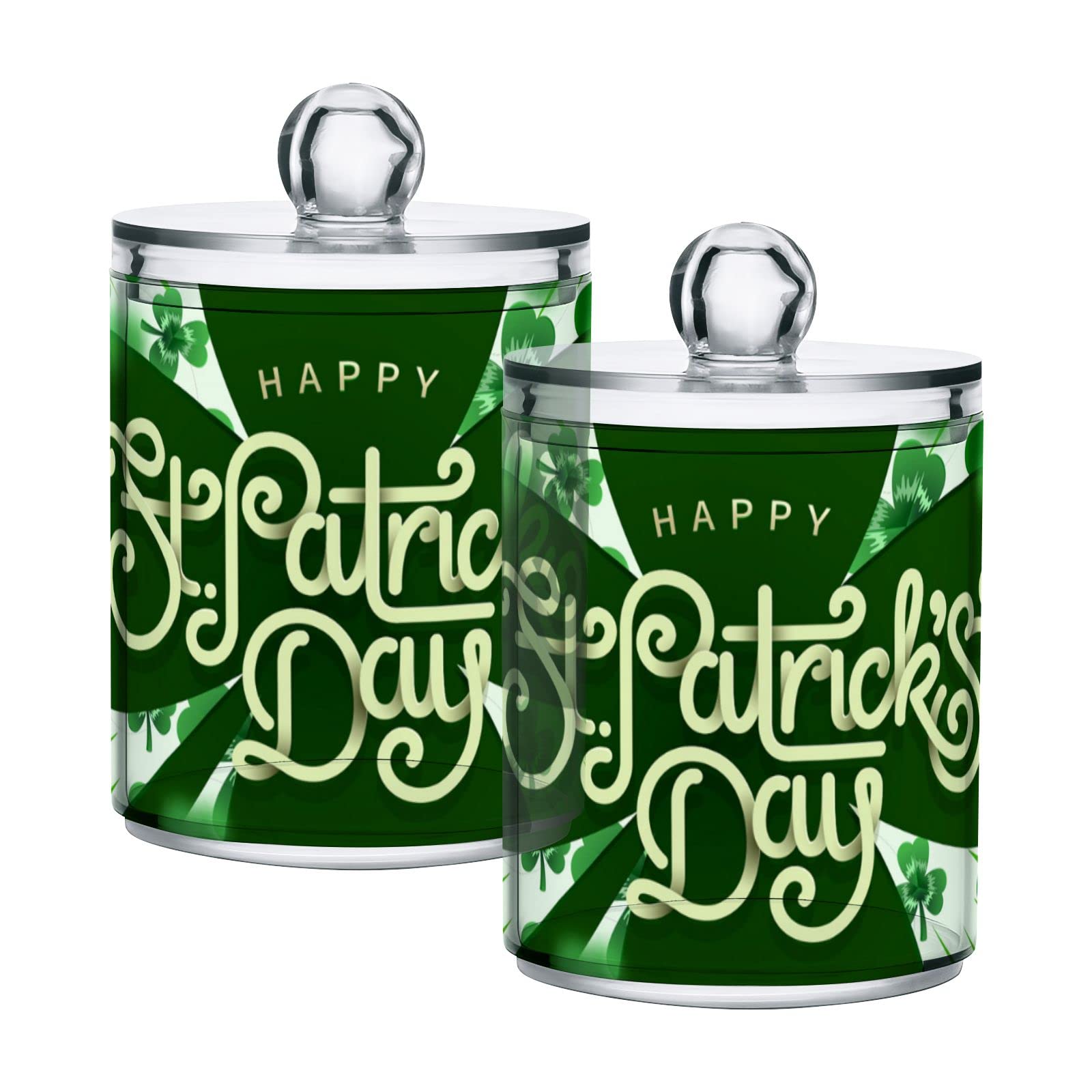 St. Patrick's Day Green Shamrock Lucky Clover Plastic Storage Jars with Lids - Set of 2 (10 oz) | Translucent Food Containers for Cotton Swabs, Tea, Cookies | Perfect for Kitchen Pantry Organization & Holiday Party Snack Storage