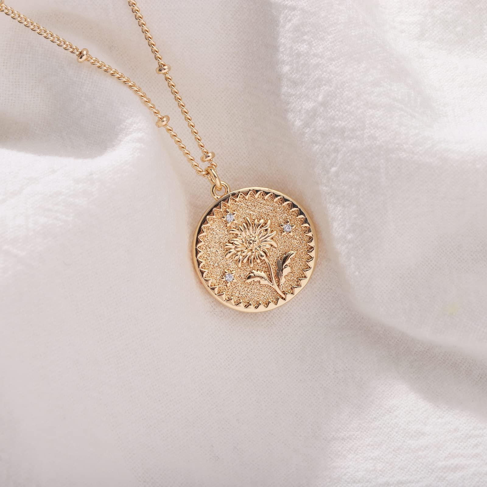 18K Gold Plated Custom Birth Flower Necklace for Women - Personalized Double Layered Engraved Floral Pendant, Dainty Birth Month Flower Disc Coin Necklace | Perfect Gift for Anniversary, Birthday, Mother's Day