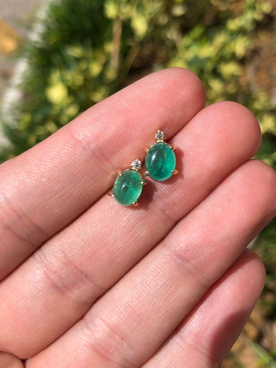 3.10tcw Cabochon Emerald & Diamond Stud Earrings in 14K Gold - Elegant Jewelry for Women, Perfect for Weddings, Parties & Special Occasions