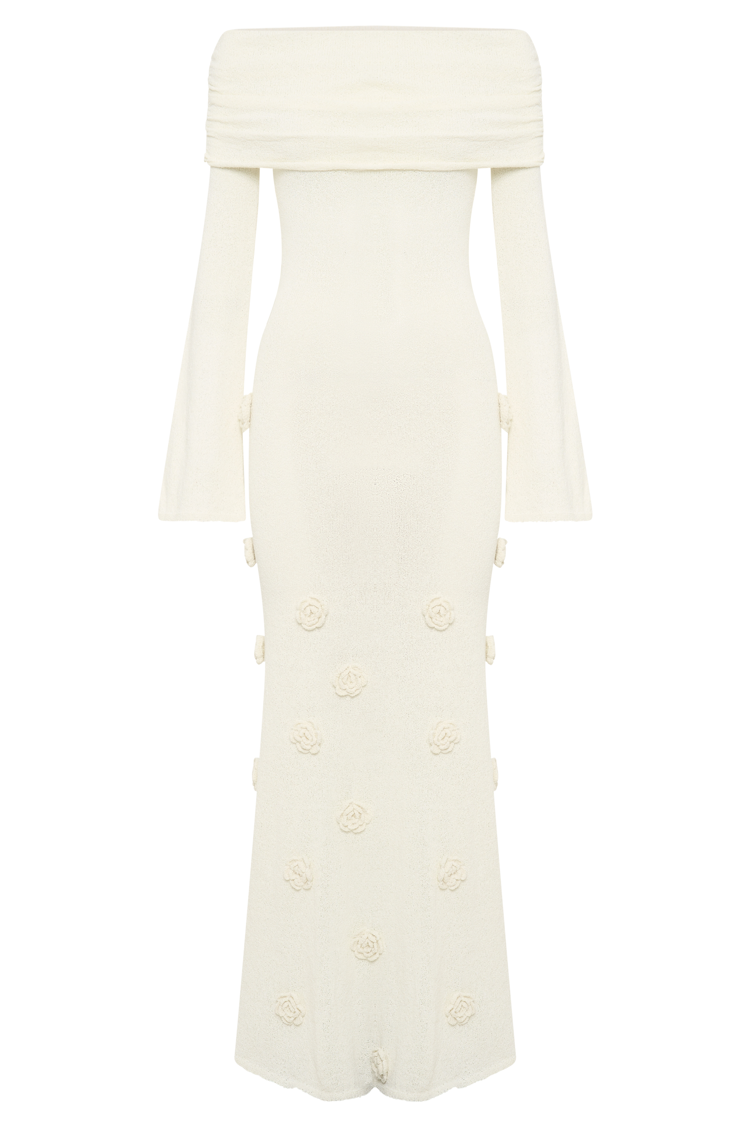 Elegant Off Shoulder Knit Rose Maxi Dress for Women - Ivory Floral Summer Beach Dress for Vacation, Date Night & Special Occasions