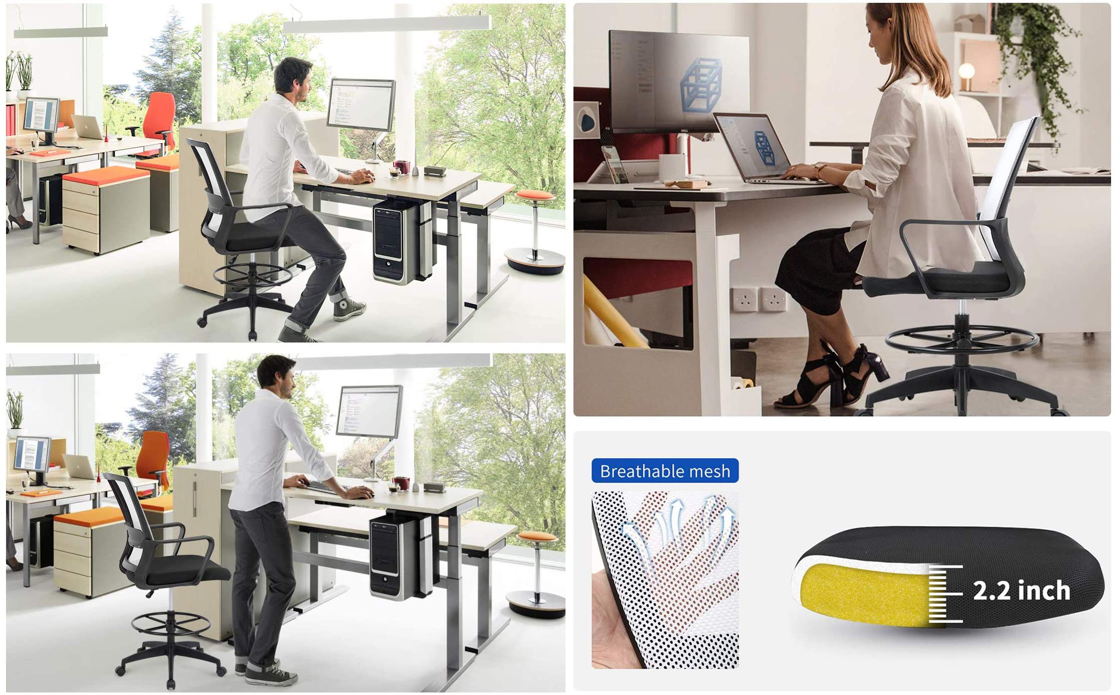Ergonomic Adjustable Height Drafting Chair for Home Office - Tall Standing Desk Chair with Lumbar Support, Arms & Footrest - Mid Back Mesh Computer Chair with Swivel & Wheels - Perfect for Architects, Designers & Long Work Sessions (White)