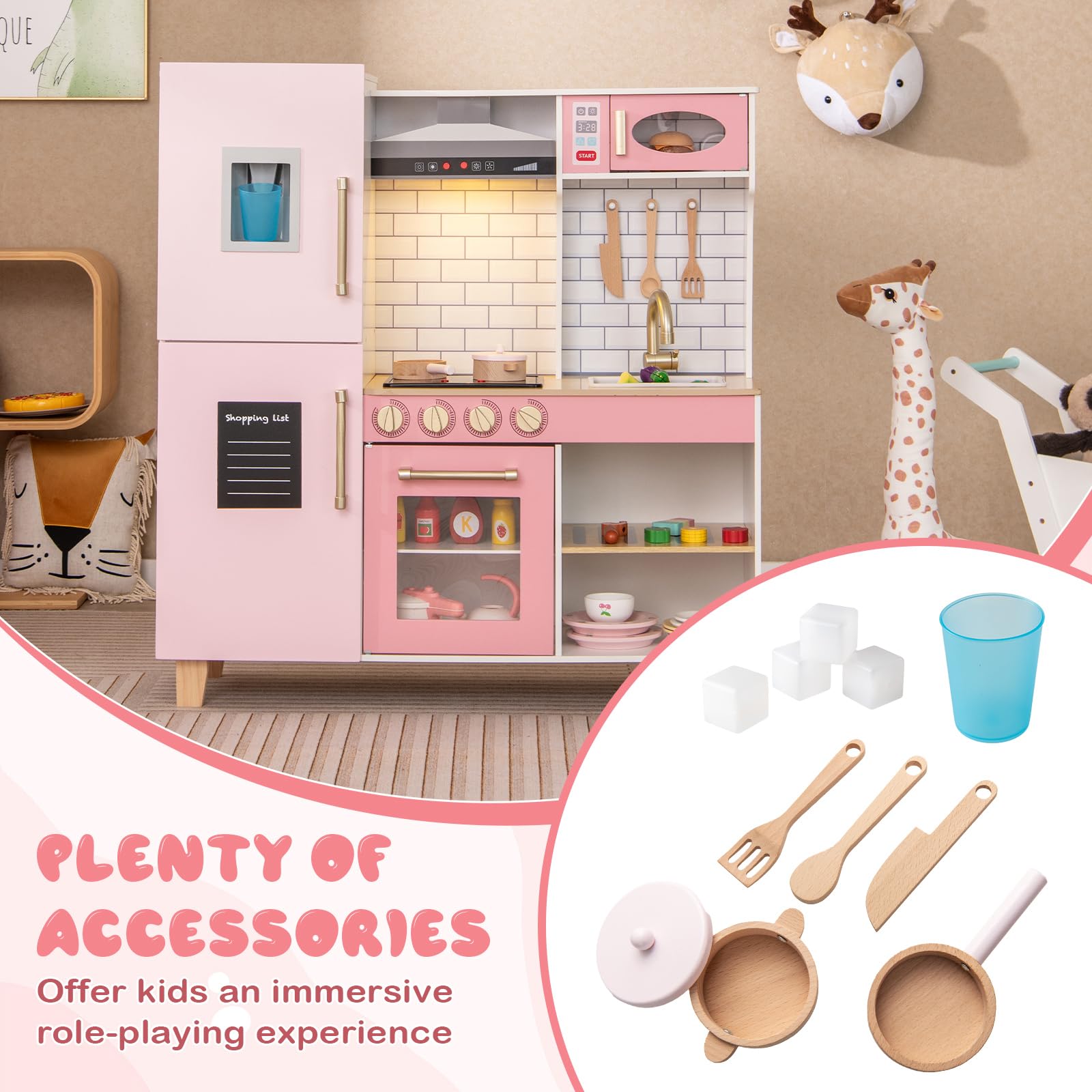 Costzon Wooden Kids Kitchen Playset with BBQ Grill, Ice Maker, Range Hood & Cooking Accessories - Interactive Pretend Play Toy Kitchen with Lights & Sounds, Blackboard - Perfect Gift for Toddlers Ages 3+ (Ideal for Birthday, Christmas & Role-Playing Fun)