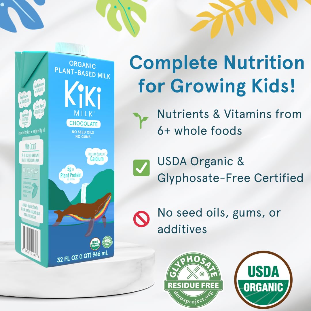 Organic Chocolate Kiki Plant-Based Milk - Rich in Calcium & Magnesium - Gluten, Gum, GMO, Dairy, Soy & Glyphosate Free - Shelf-Stable (32oz, 6-Pack) - Perfect for Smoothies, Baking & Healthy Breakfasts