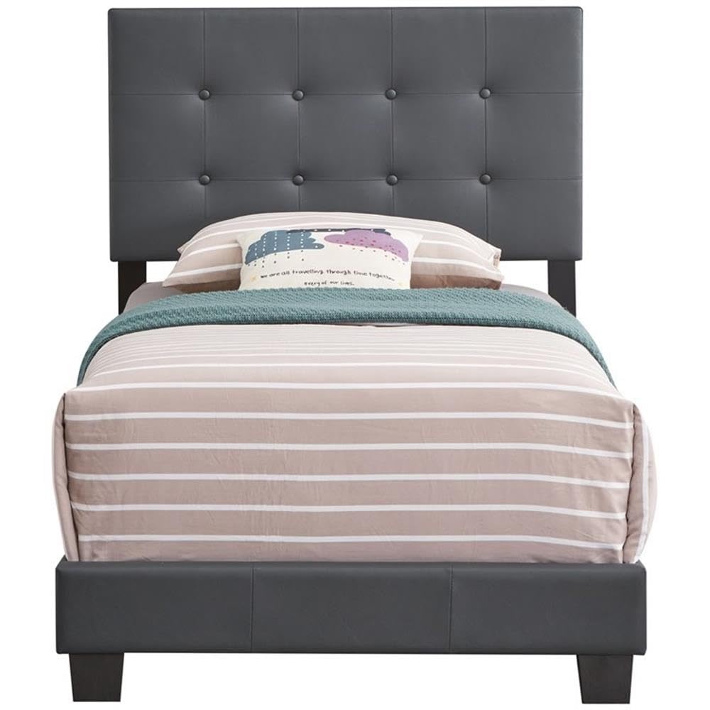 Glory Furniture Caldwell Faux Leather Panel Twin Bed Frame - Gray Upholstered Headboard for Small Space & Guest Room