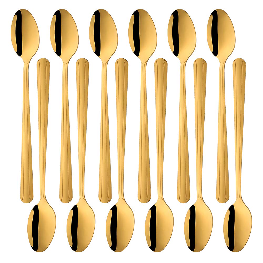 QIBOMOON 12-Pack 8-Inch Long Handle Stainless Steel Spoons - Gold Iced Tea Spoons for Mixing, Cocktail Stirring, Coffee, Milkshakes & Cold Drinks - Perfect for Tea Parties, Coffee Shops & Home Bars