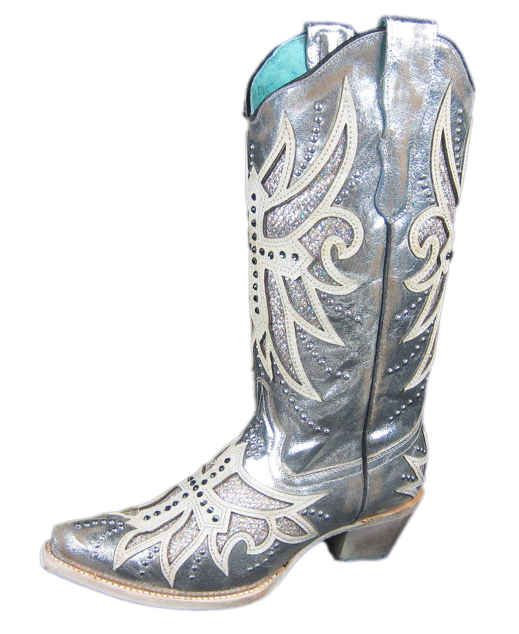 **Women's Corral Boots with Laser Inlay & Embroidered Studs - Silver (Size 7 B(M) US) | Perfect for Western Fashion, Country Concerts & Cowgirl Style**