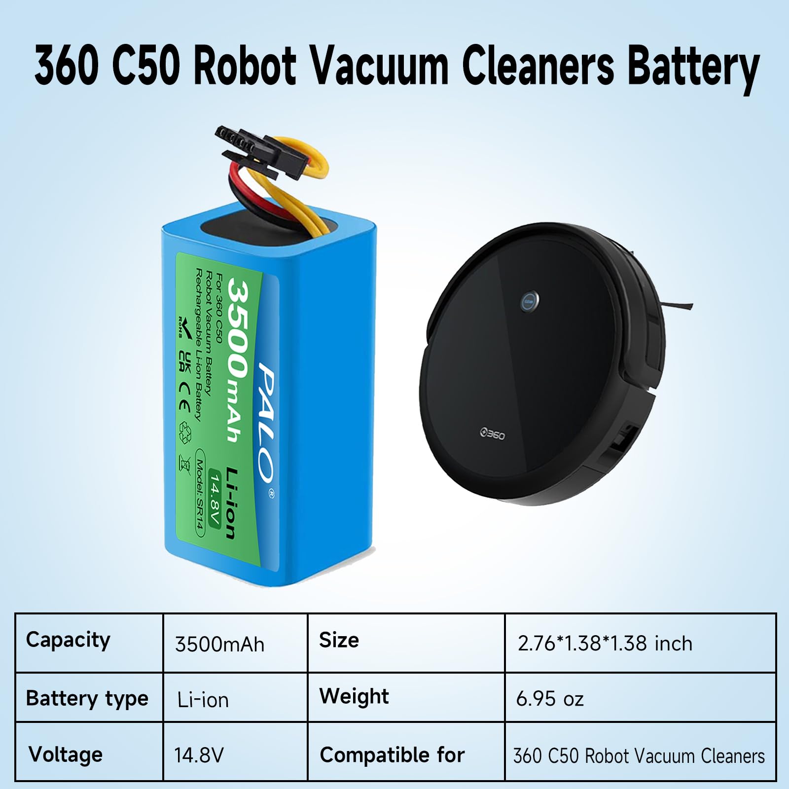 14.8V Replacement Lithium Battery for 360 C50, AIRROBO P10, Vacuum Cleaner S1/S15/S18 & Formate E-550G/W Robot Vacuums (4-Prong Connector) - Long-Lasting Power for Efficient Home Cleaning