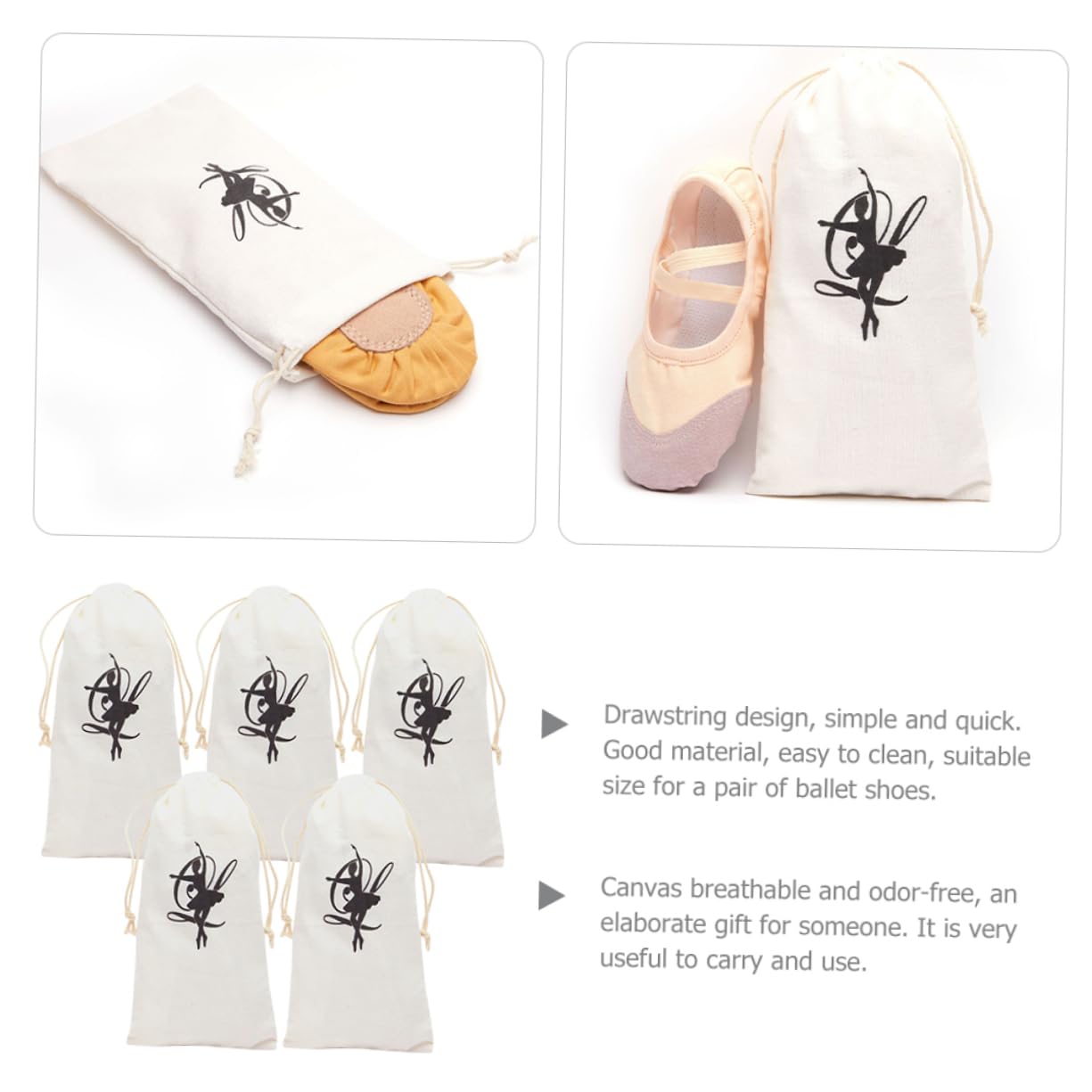 COOLHIYA 5-Pack Drawstring Shoe Bags for Ballet & Dance - Durable Storage Pouches for Practice, Travel, and Gym Essentials