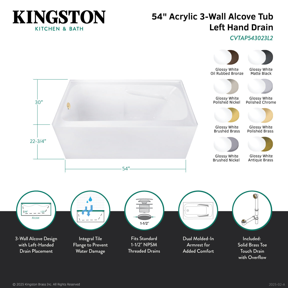 Aqua Eden 54 Inch Acrylic Rectangular 3 Wall Alcove Bathtub Combo with Armrests | Left Hand Drain | Glossy White/Oil Rubbed Bronze | Waste & Overflow Drain | Perfect for Modern Bathroom Renovations & Spa-Like Retreats