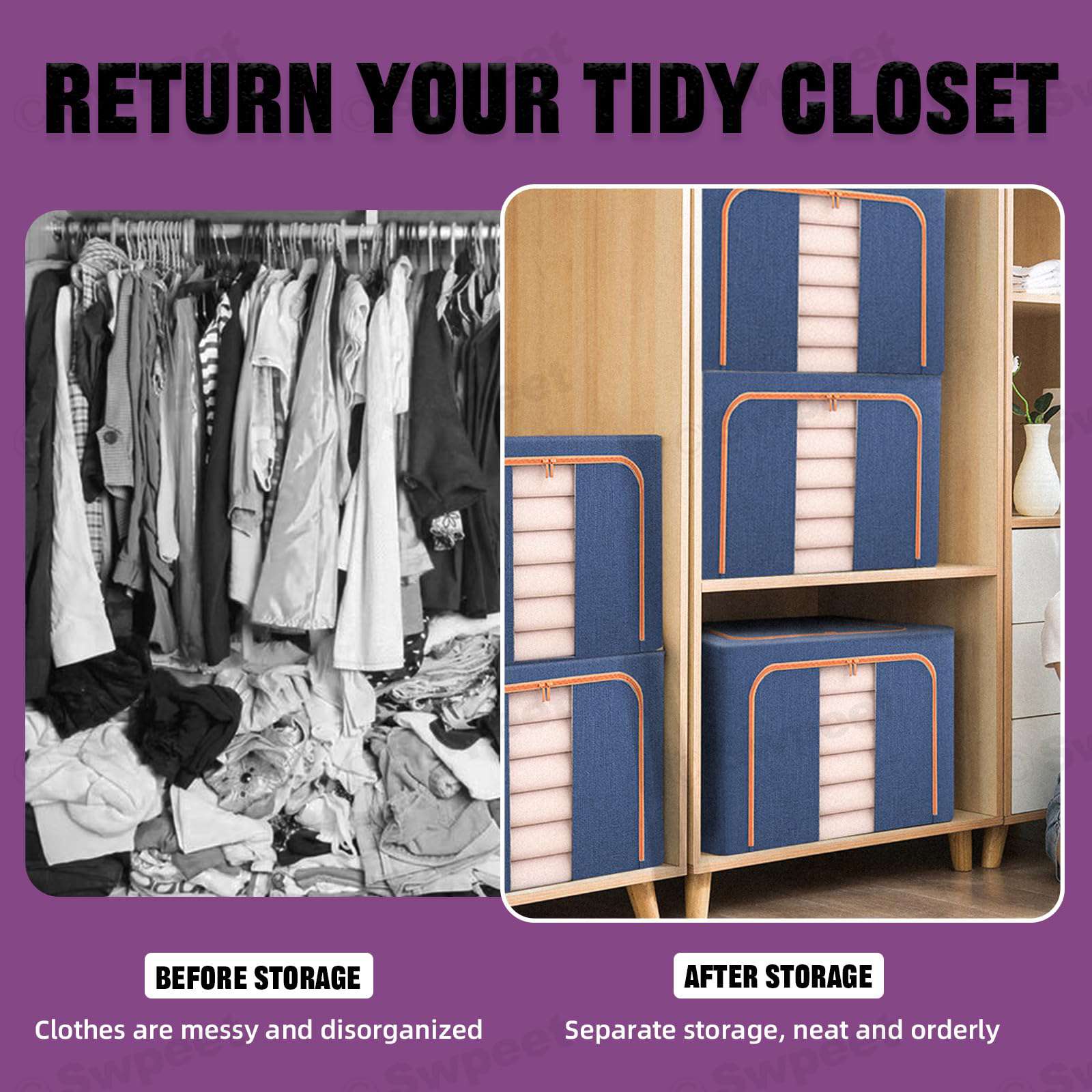 100L Large Cloth Storage Box - Foldable Closet Organizer for Clothes, Blankets & Toys | Space-Saving Wardrobe Storage Bags in Grey & Blue | Perfect for Bedroom, Closet & Travel Organization