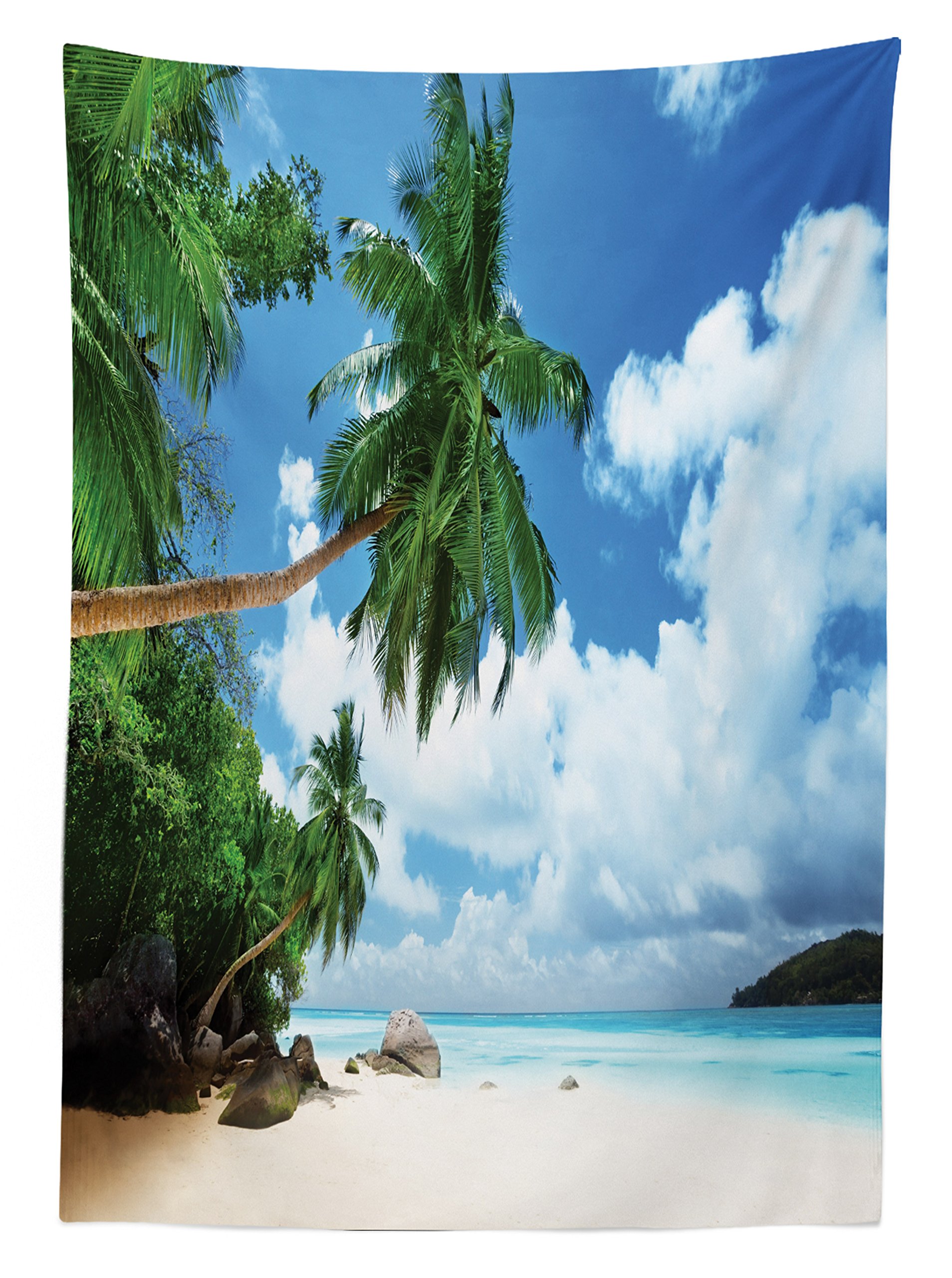 Ambesonne Waterproof Outdoor Tablecloth - Tropical Beach Coconut Tree Print, Seychelles Coastal Design, 58