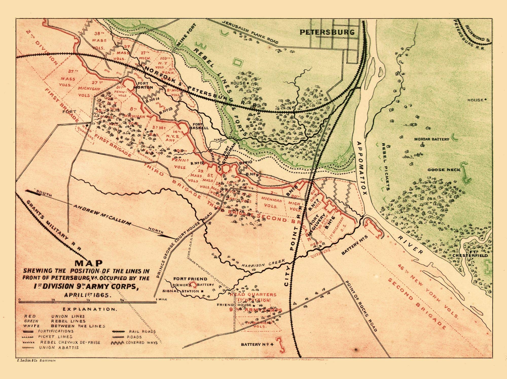 Vintage 1866 Civil War Map - Petersburg, Virginia - 23.00 x 30.77 Matte Canvas - Historical Home Decor & Gift for History Buffs