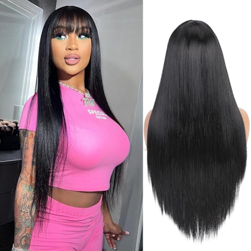 2-Black Straight Wig with Bangs
