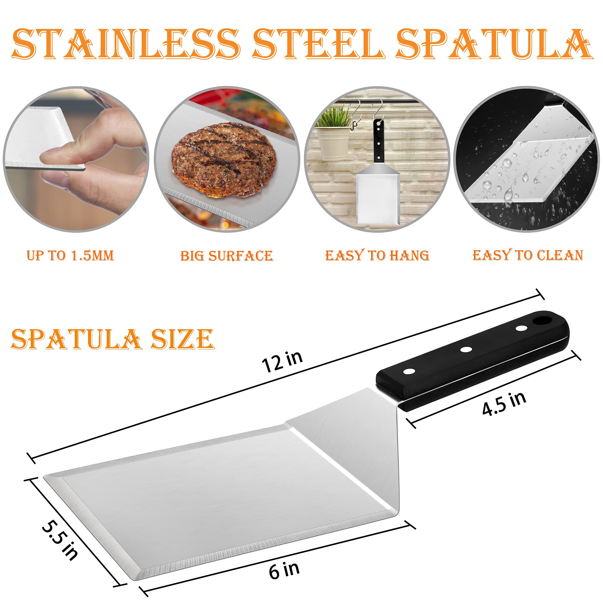 Premium Stainless Steel Spatula Set - Heavy Duty BBQ Griddle Turner, Hamburger Flipper & Pancake Spatula with Ergonomic ABS Handle for Teppanyaki, Flat Top Grill, Outdoor Cooking - Dishwasher Safe & Includes 2 Hooks for Storage - Perfect for Backyard BBQs, Camping & Commercial Kitchen Use
