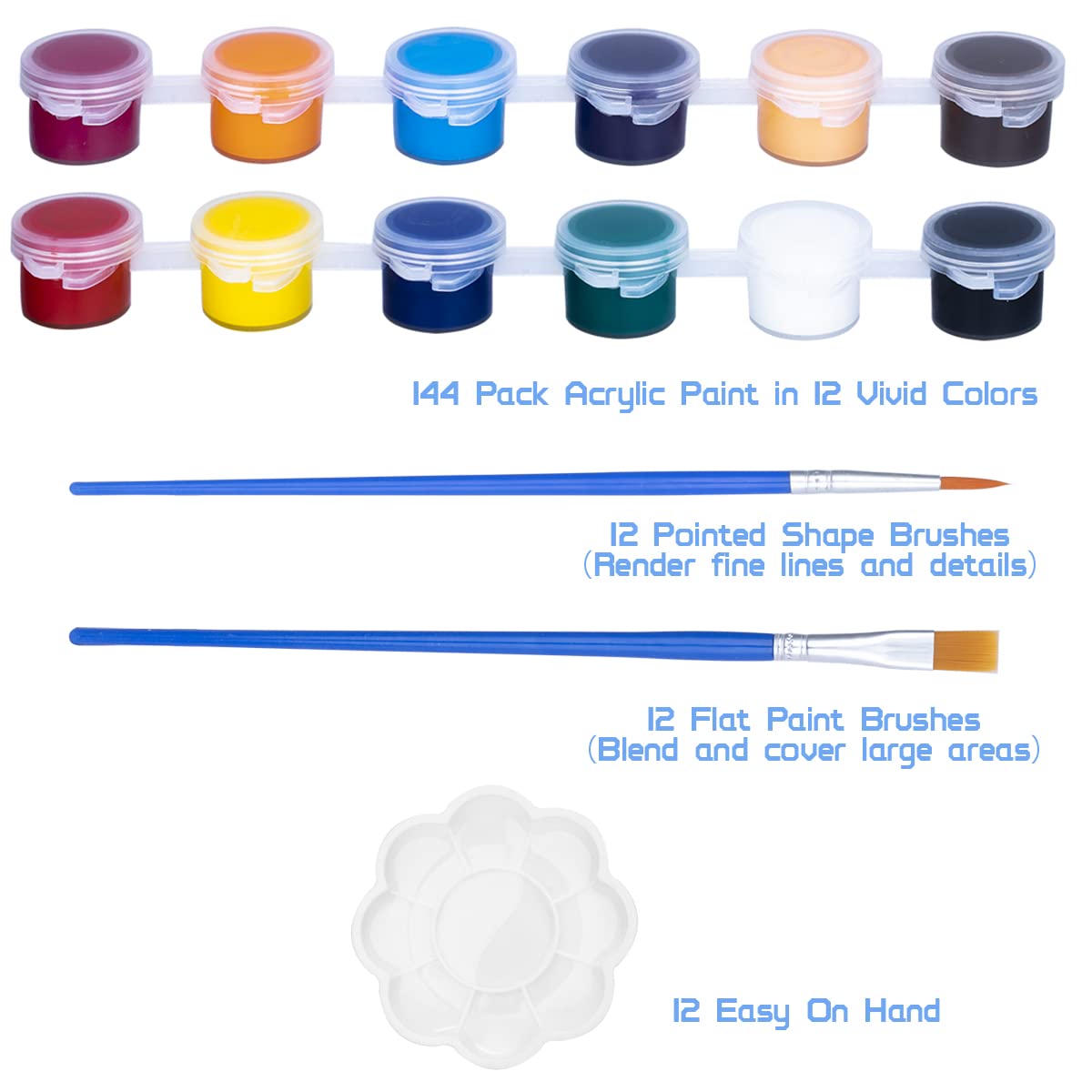 Washable Kids Acrylic Paint Set - 12 Vibrant Colors with Mixing Palette & Brushes | Non-Toxic Art Supplies for Classroom, Home DIY Crafts & Birthday Party Activities