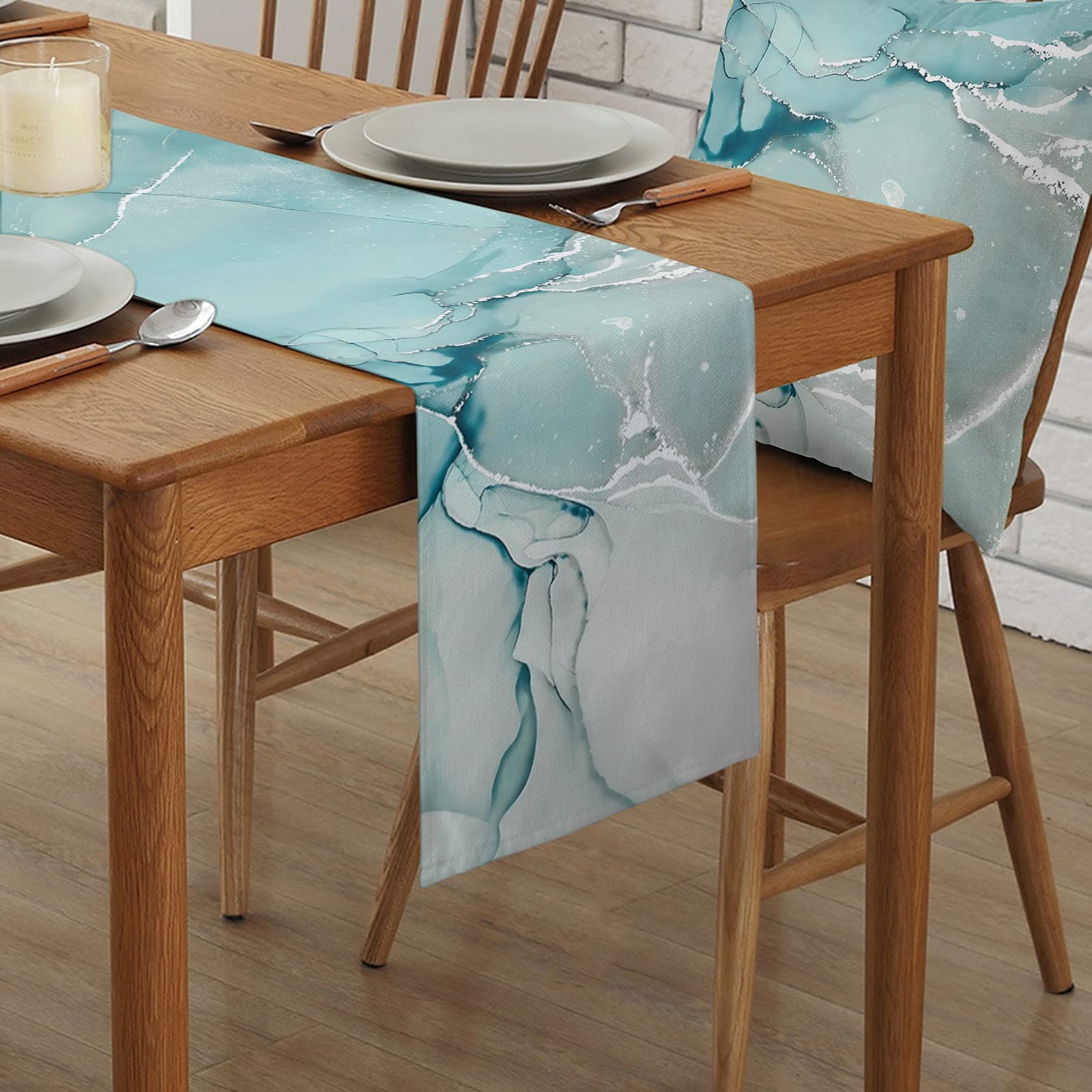 108 Inch Marble Turquoise Teal Aqua Cotton Linen Table Runner - Modern Kitchen & Dining Table Decor, Long Dresser Scarf for Coffee Table, Wedding, Party & Home Decor - Perfect for Farmhouse, Rustic & Boho Style Dining