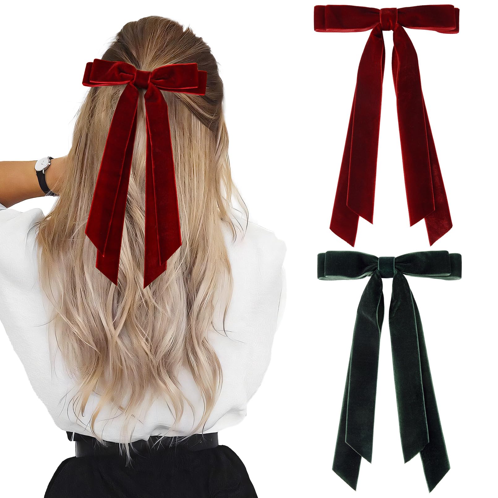 2PCS Velvet Hair Bows - Wine Red & Green Ribbon Hair Clips with Metal Slides | Ponytail Holder for Women, Girls, Toddlers, Teens & Kids | Perfect for Parties, Weddings & Daily Hair Accessories
