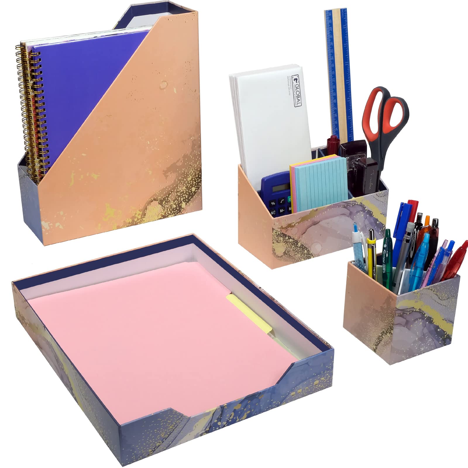 Floral Marble Desk Organizer Set for Office & Home Decor