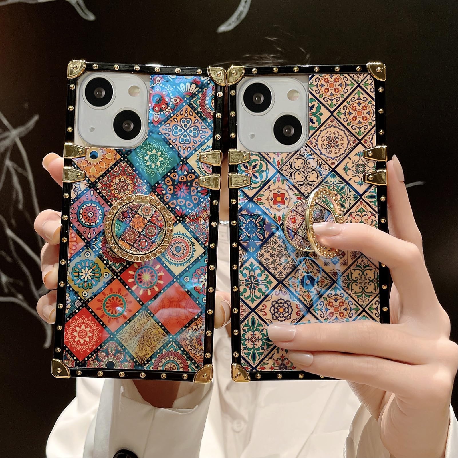 Retro Totem Blue Ray Phone Case for iPhone 13/14 with Glitter Holder Ring - Indian Hippie Bohemian Psychedelic Peacock Diamond Lattice Mandala Design - Shockproof Protective Cover (6.1 Inch) - Perfect for Festival, Travel & Boho Style Lovers