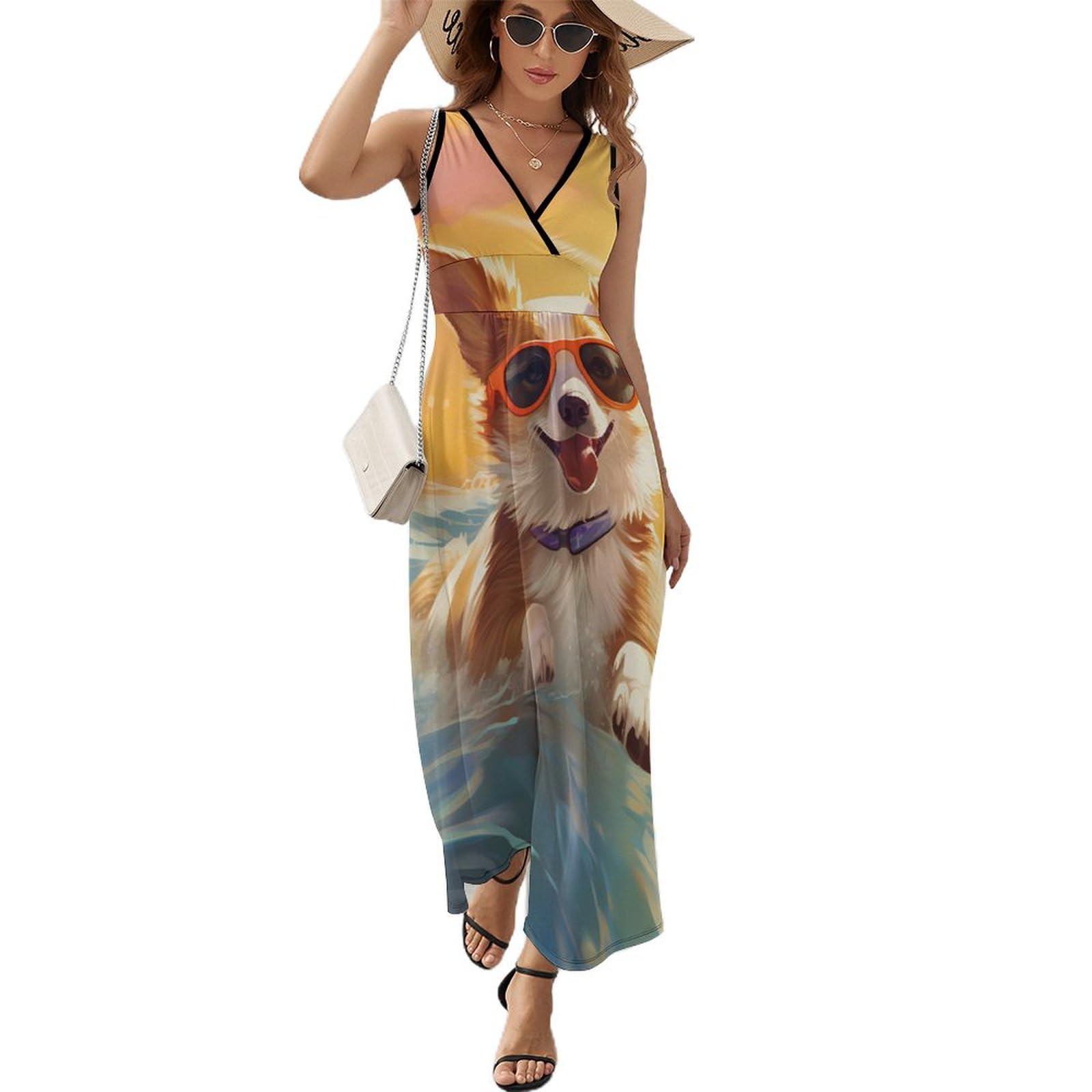 Cute Corgi Print Women's Summer Sleeveless Sundress - Loose Fit Maxi Beach Dress for Vacation, Pool Party & Casual Outings