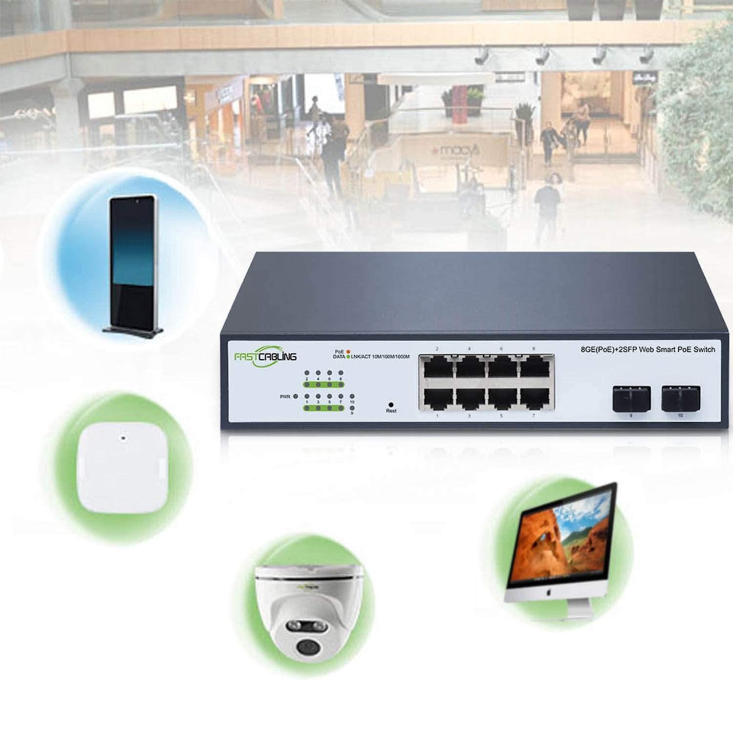 8-Port Gigabit PoE+ Managed Switch with 2 SFP Slots | 120W Power Budget | IEEE 802.3at | 30W per Port | VLAN, QoS, MAC Support | Plug & Play | Desktop/Wall Mount for Home Office, Surveillance & Network Expansion