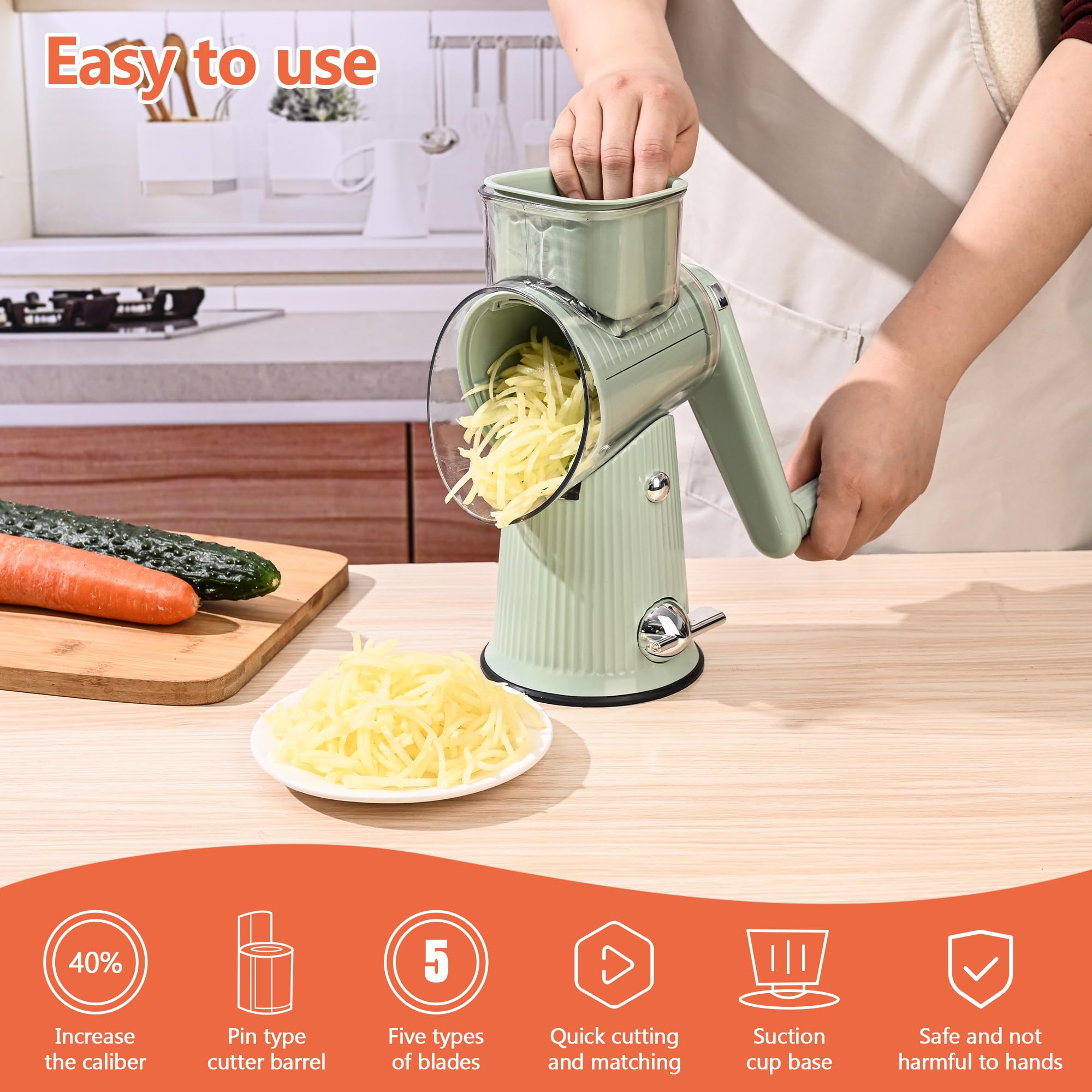5-Blade Hand Crank Cheese Grater & Vegetable Slicer - Ergonomic Kitchen Countertop Shredder with Clean Brush for Cheese, Nuts & Matcha (Green) - Perfect for Meal Prep, Pizza Topping & Baking Accessories