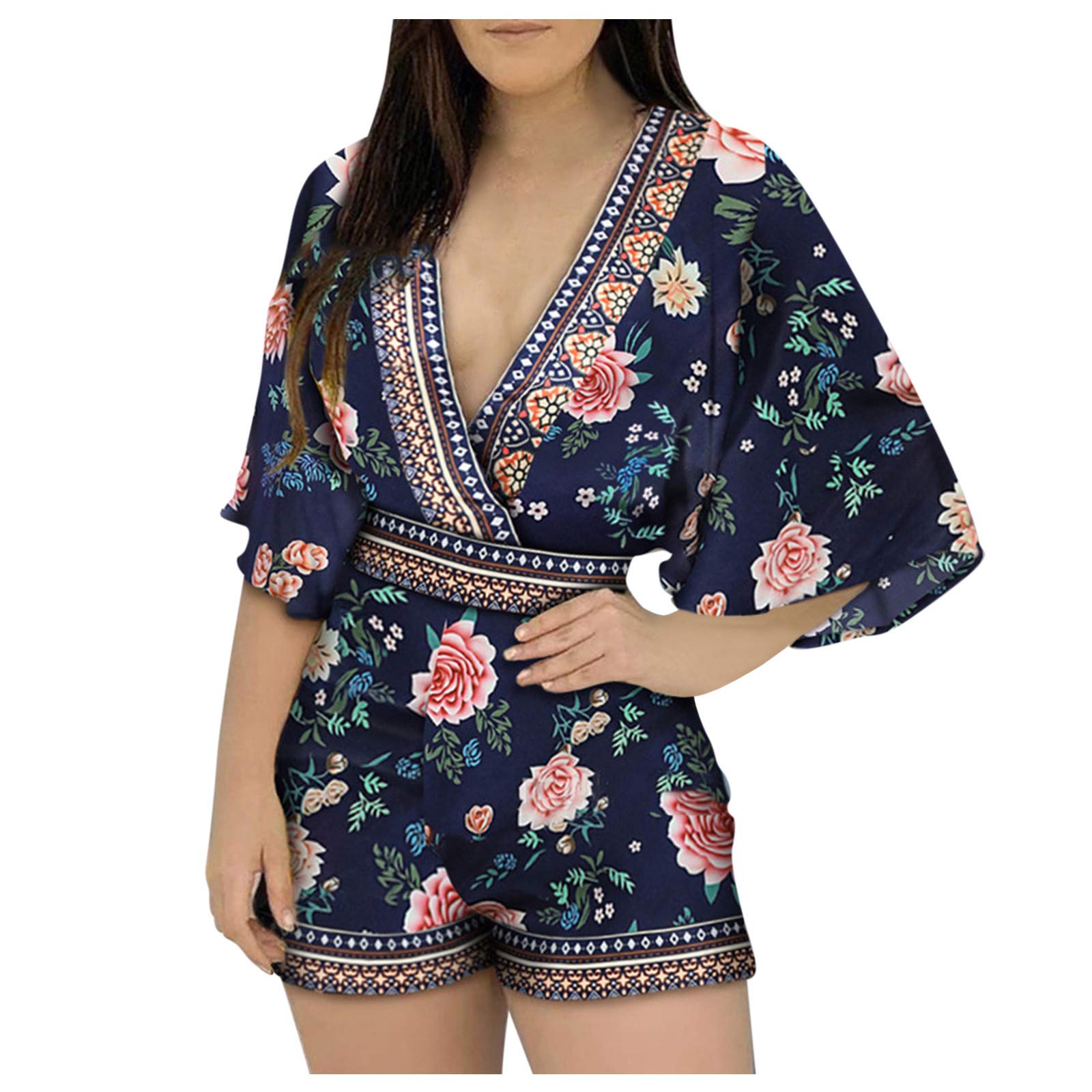 VIVIYY Women's Floral Print Jumpsuit - Dolman Sleeve Deep V-Neck Fitted Romper for Wedding Guest & Party Outfit | Elegant Summer Dress for Cocktail, Date Night & Special Occasions