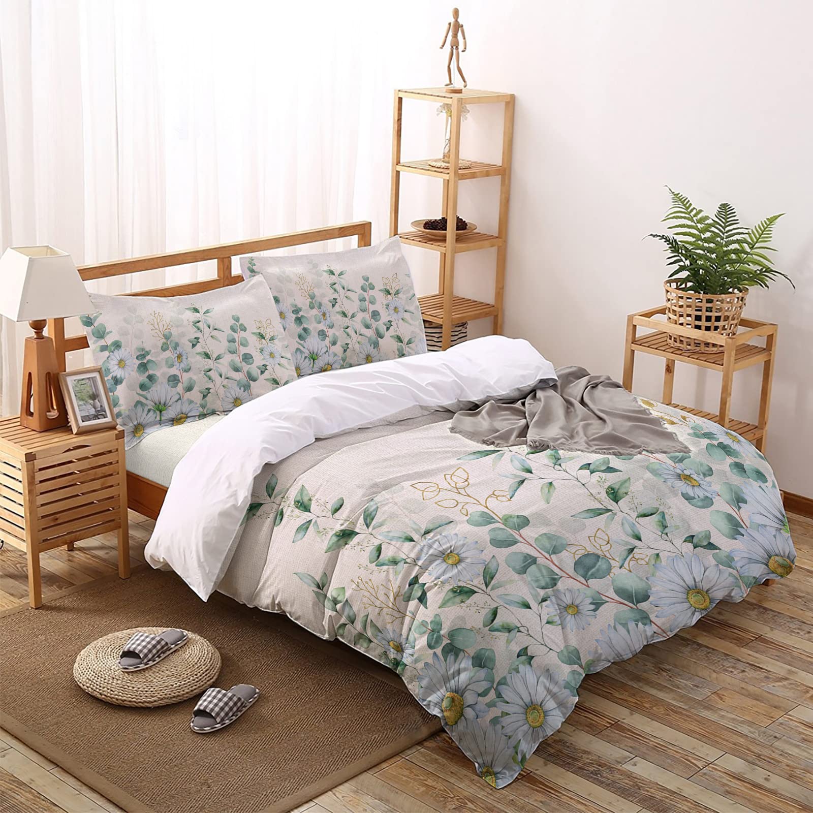 Rustic Eucalyptus Leaves Daisy Duvet Cover Set - 4 Piece Queen Size (1 Duvet Cover + 1 Flat Sheet + 2 Pillowcases) - Breathable All Season Bedding for Thanksgiving & Fall Decor | Farmhouse Style Home Decor
