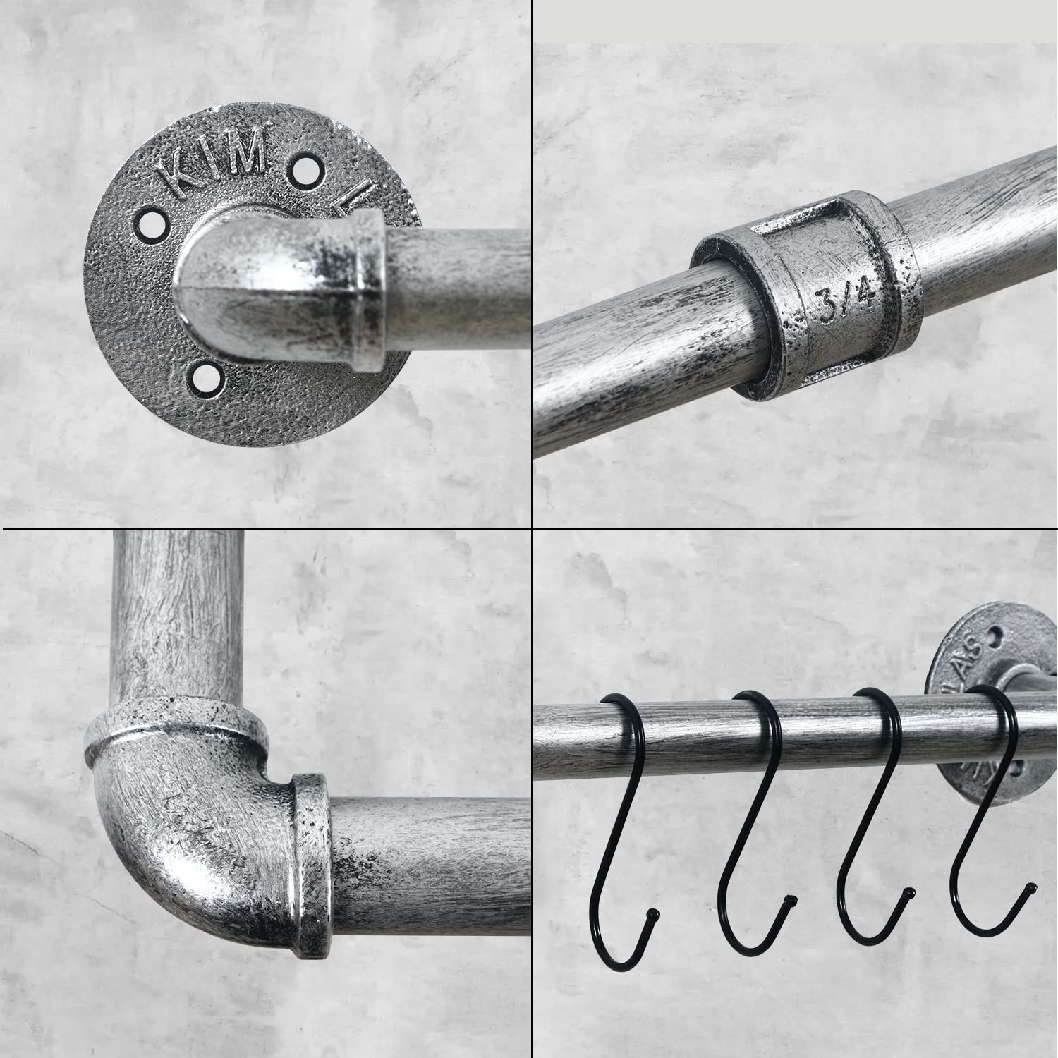 HouseAid 24 Inch Industrial Pipe Towel Bar - Vintage Farmhouse Iron Hand Towel Holder - Antique Silver Wall Mounted Bathroom Towel Rod with Hooks - Perfect for Rustic, Farmhouse & Industrial Style Bathrooms