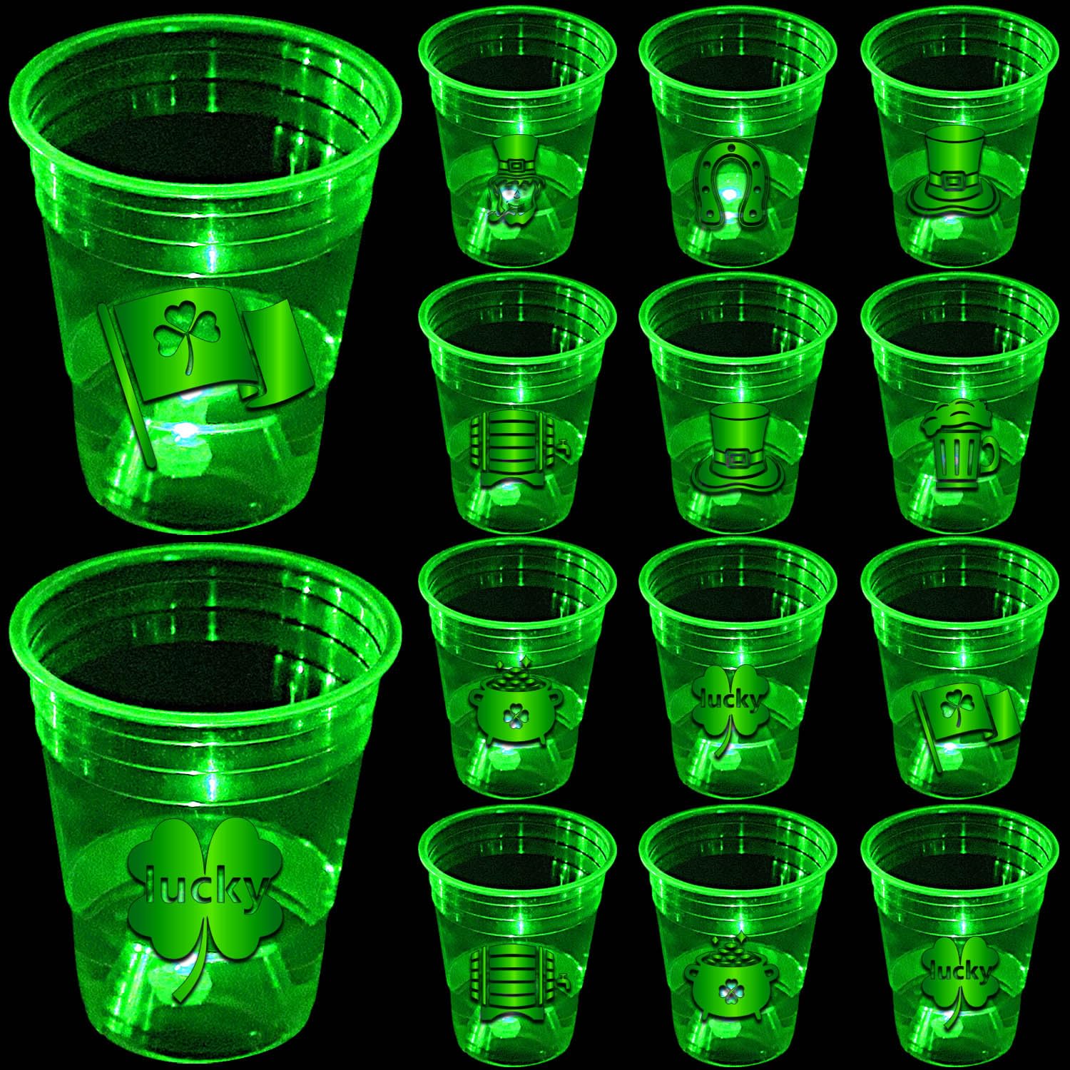 24 Pack Glow in the Dark St. Patrick's Day Party Cups - 16oz Shamrock Themed Disposable Cups for Nighttime Celebrations, Indoor/Outdoor St. Patty's Day Decorations & Party Favors - Perfect for Bar Crawls, Parades, Irish Themed Weddings & Pub Parties