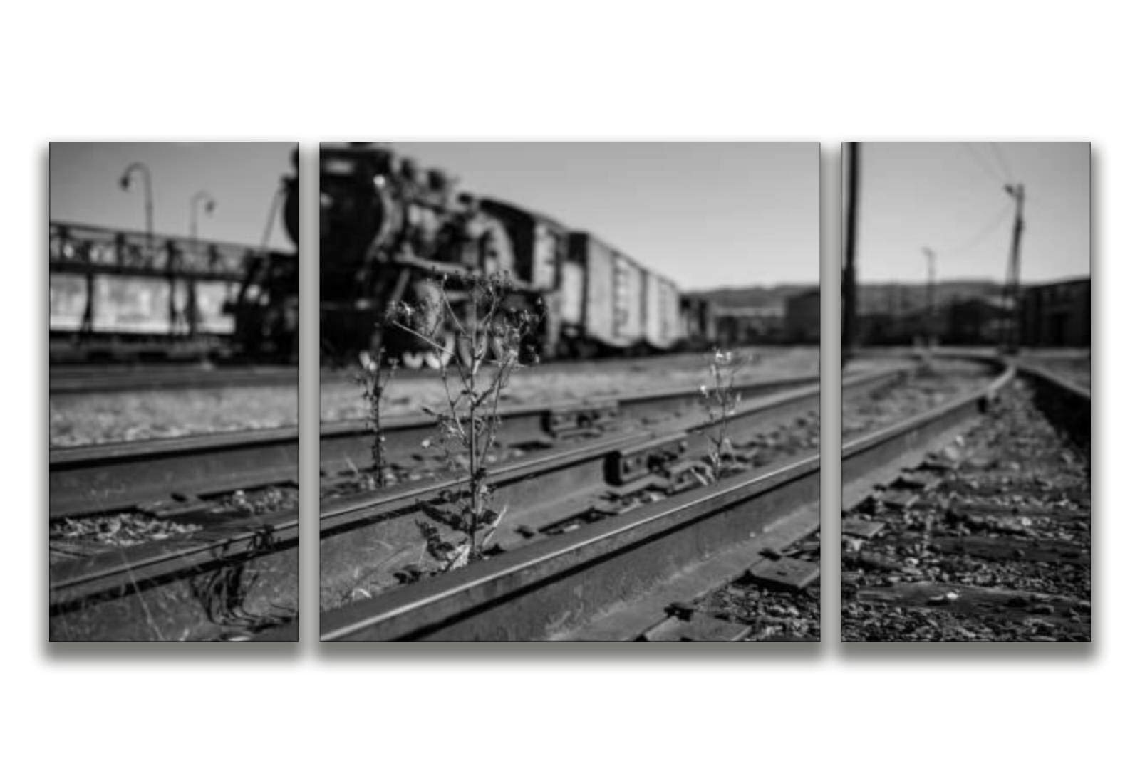 Vintage Rusty Train Cars & Locomotives Wall Art - Black and White Canvas Print, Stretched & Framed 3-Panel Poster for Living Room Decor | Industrial Home Decor, Office & Man Cave Wall Art