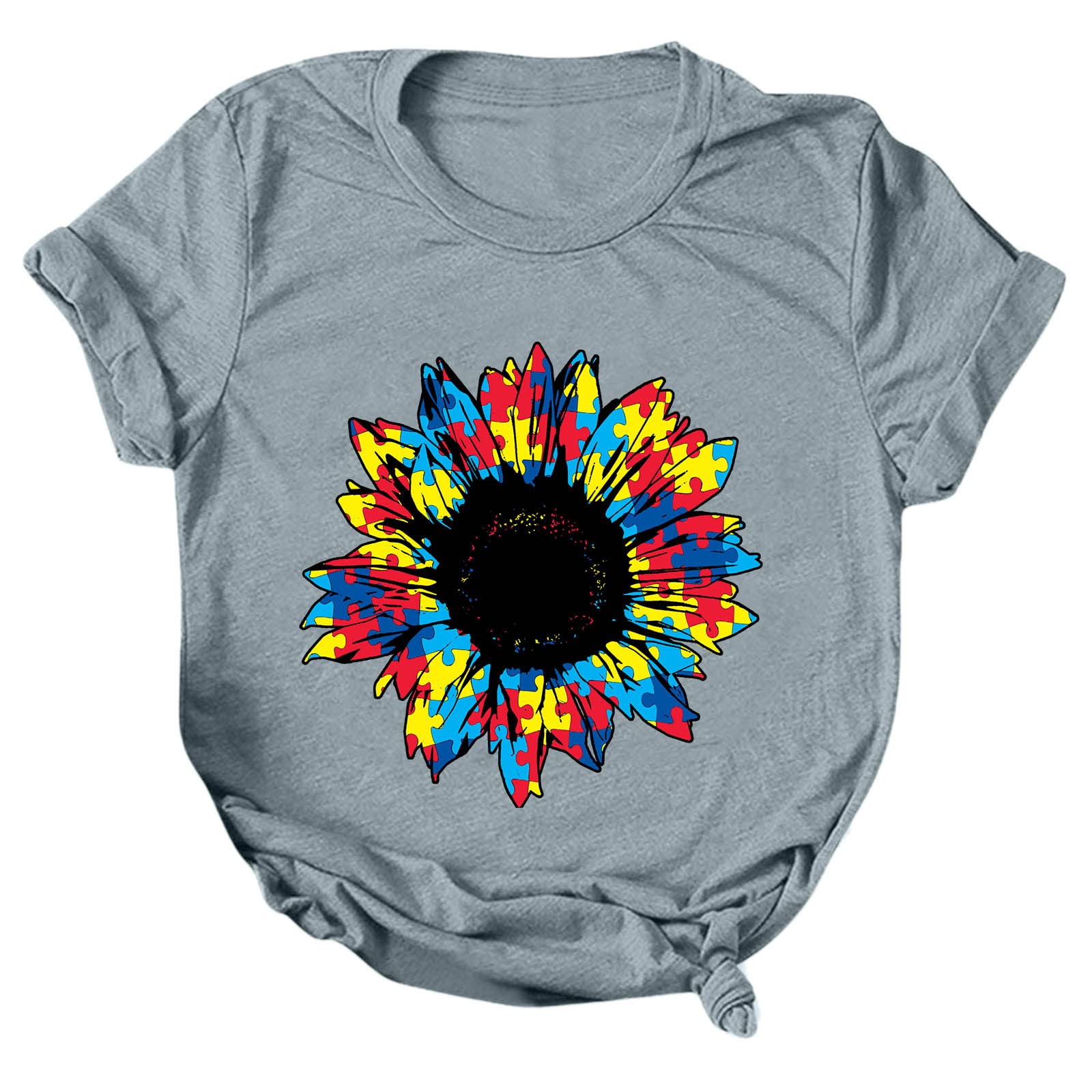 Women's Casual Sunflower Print Round Neck Short Sleeve T-Shirt - Cute White Blouse & Tunic Top for Summer Outfits, Beach Wear and Casual Dressing