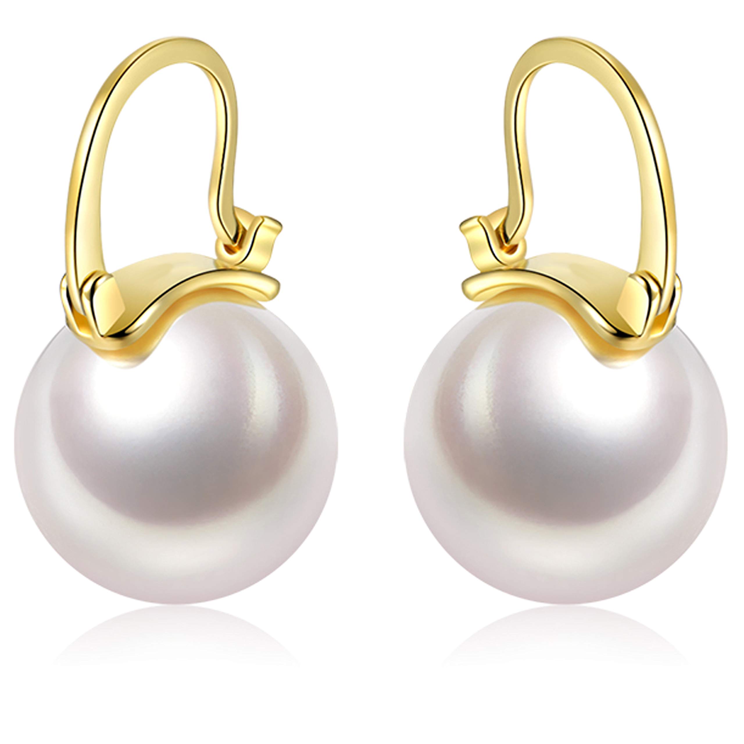 925 Sterling Silver 14mm White Round Pearl Drop Earrings for Women - Elegant Dangle Hoop Earrings for Wedding, Party & Everyday Wear - Minimalist Jewelry Gift for Girls & Women