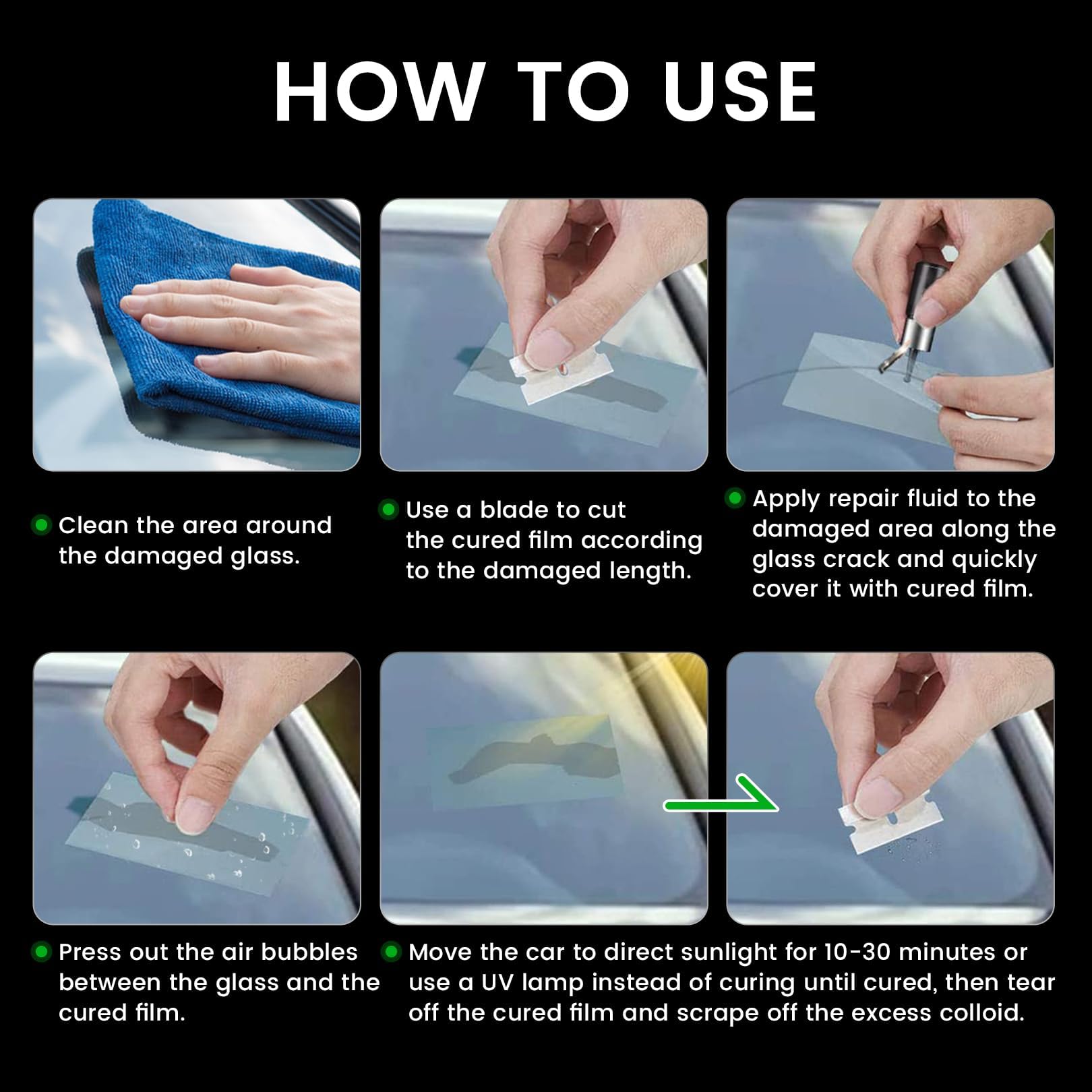 Windshield Repair Kit - 2 Bottles Car Glass Crack & Chip Repair Fluid - Quick Fix for Chips, Cracks, Bulls-Eye & Star-Shaped Damage (Black) | DIY Auto Glass Repair for Cars, Trucks & SUVs