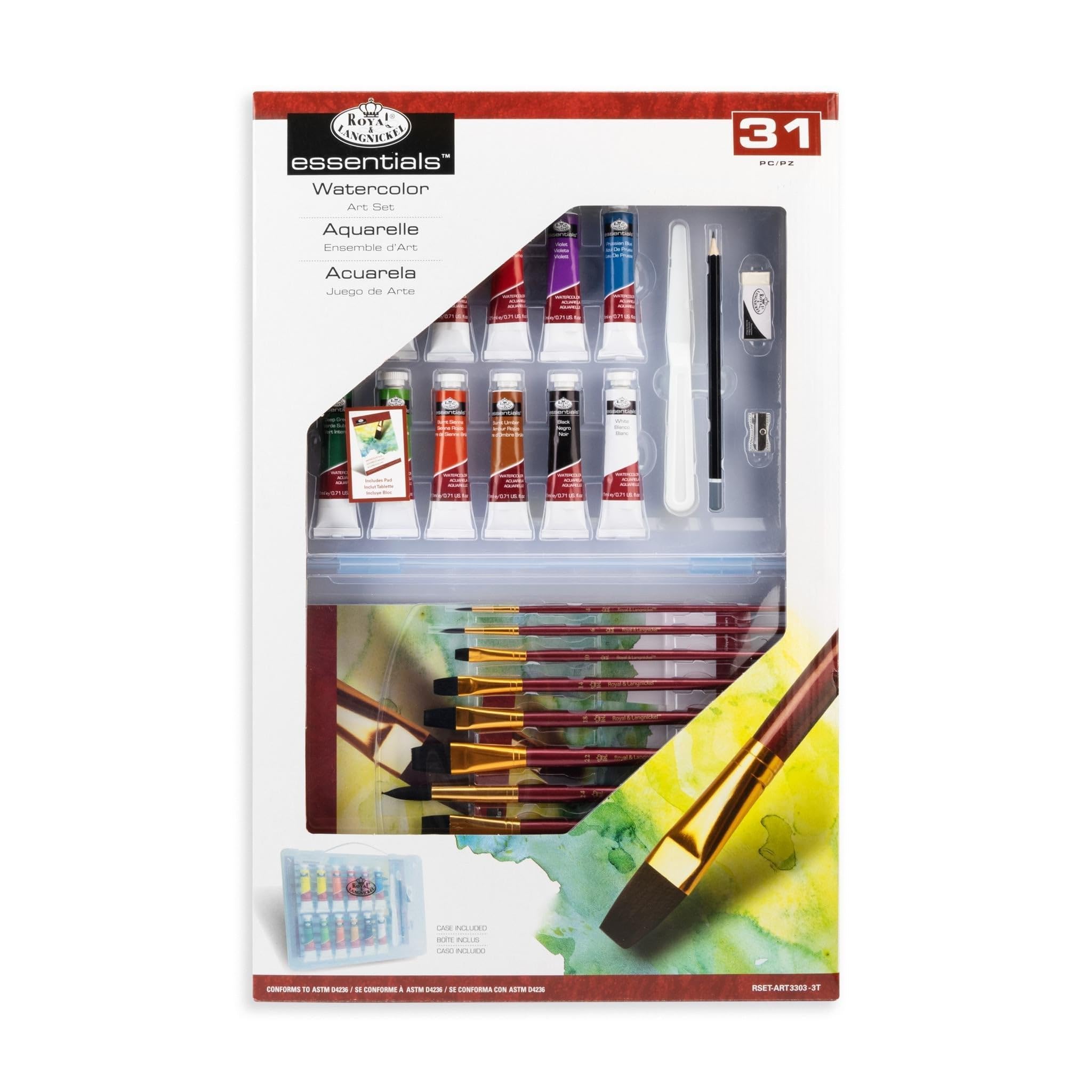 Royal & Langnickel Essentials Clear View Watercolor Painting Set - 24 Premium Paints, 3 Brushes & Palette - Perfect for Artists, Beginners & Classroom Use