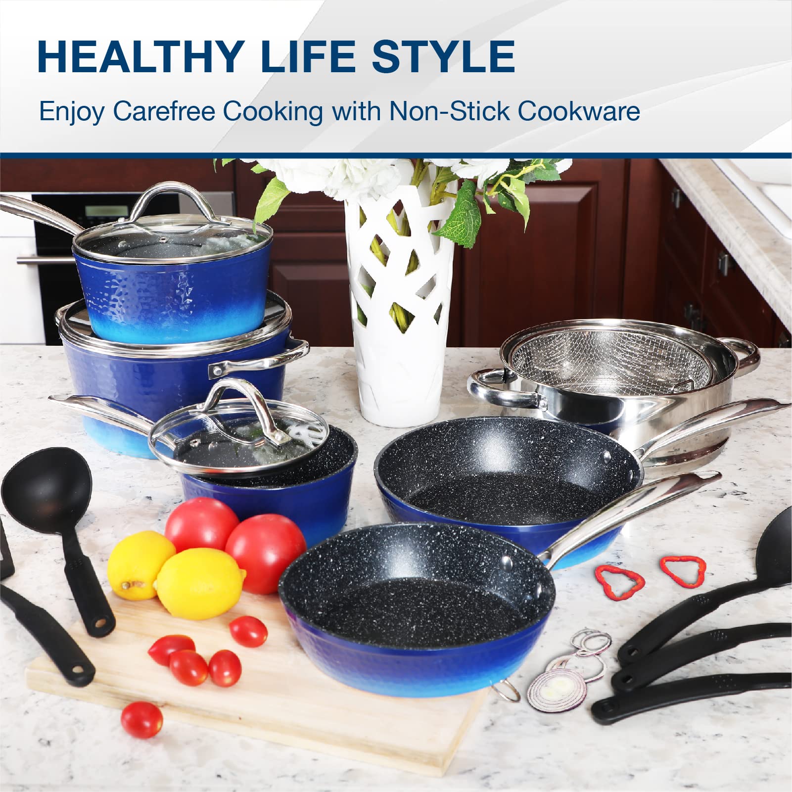 MAISON ARTS 15-Piece Nonstick Cookware Set - Granite Hammered Pots & Pans for Induction, Dishwasher, Oven & Stovetop (Blue) | Perfect for Home Cooking, Meal Prep & Professional Chefs