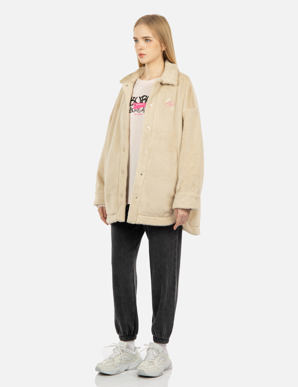 Graffiti Logo Embroidered Faux Fur Padded Shirt Jacket for Men & Women - Stylish Streetwear for Urban Fashion & Winter Outfits