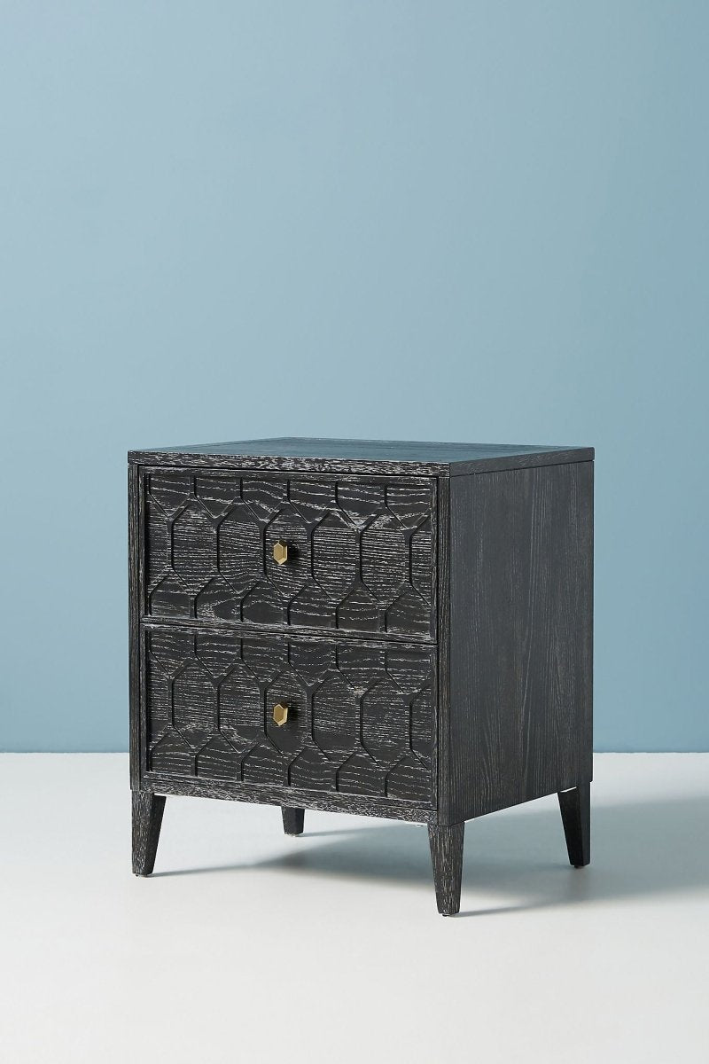 Hand Carved Textured Wooden Nightstand with 2 Drawers - Black Bedside Table for Bedroom | Modern Bedroom Furniture, Small Space Storage Solution